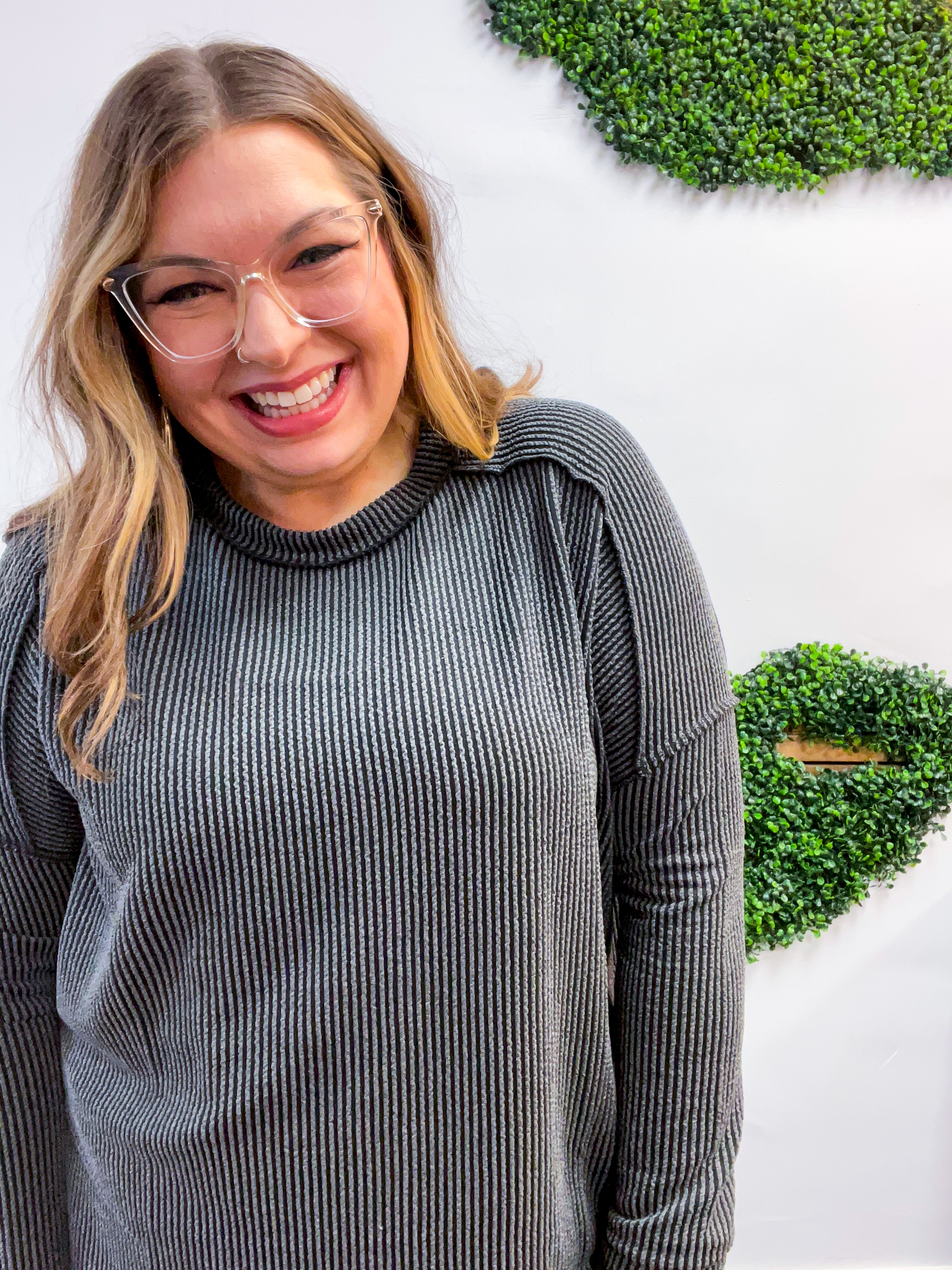 The Textured Take Raised Rib Long Sleeve Top in Charcoal