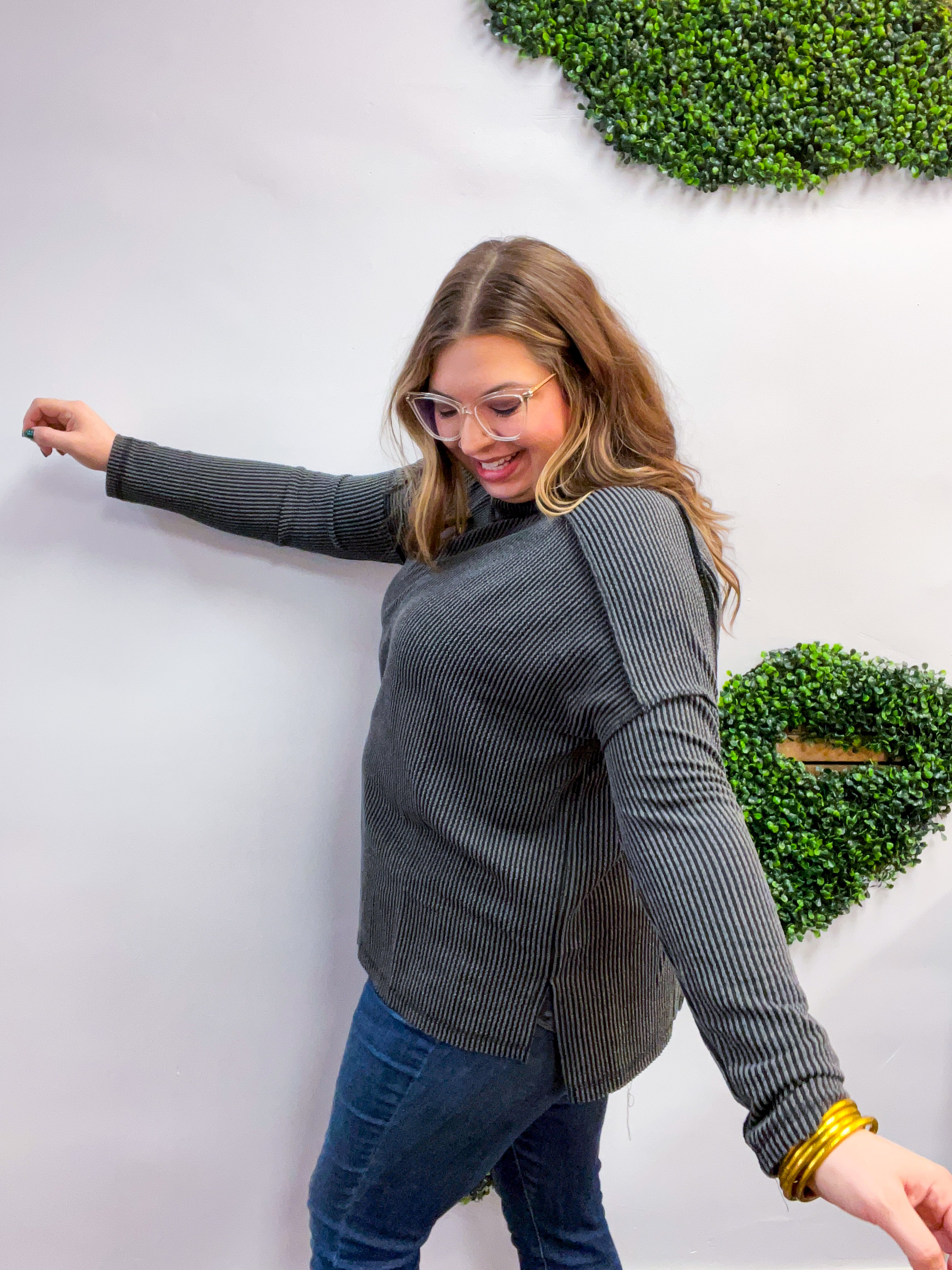 The Textured Take Raised Rib Long Sleeve Top in Charcoal