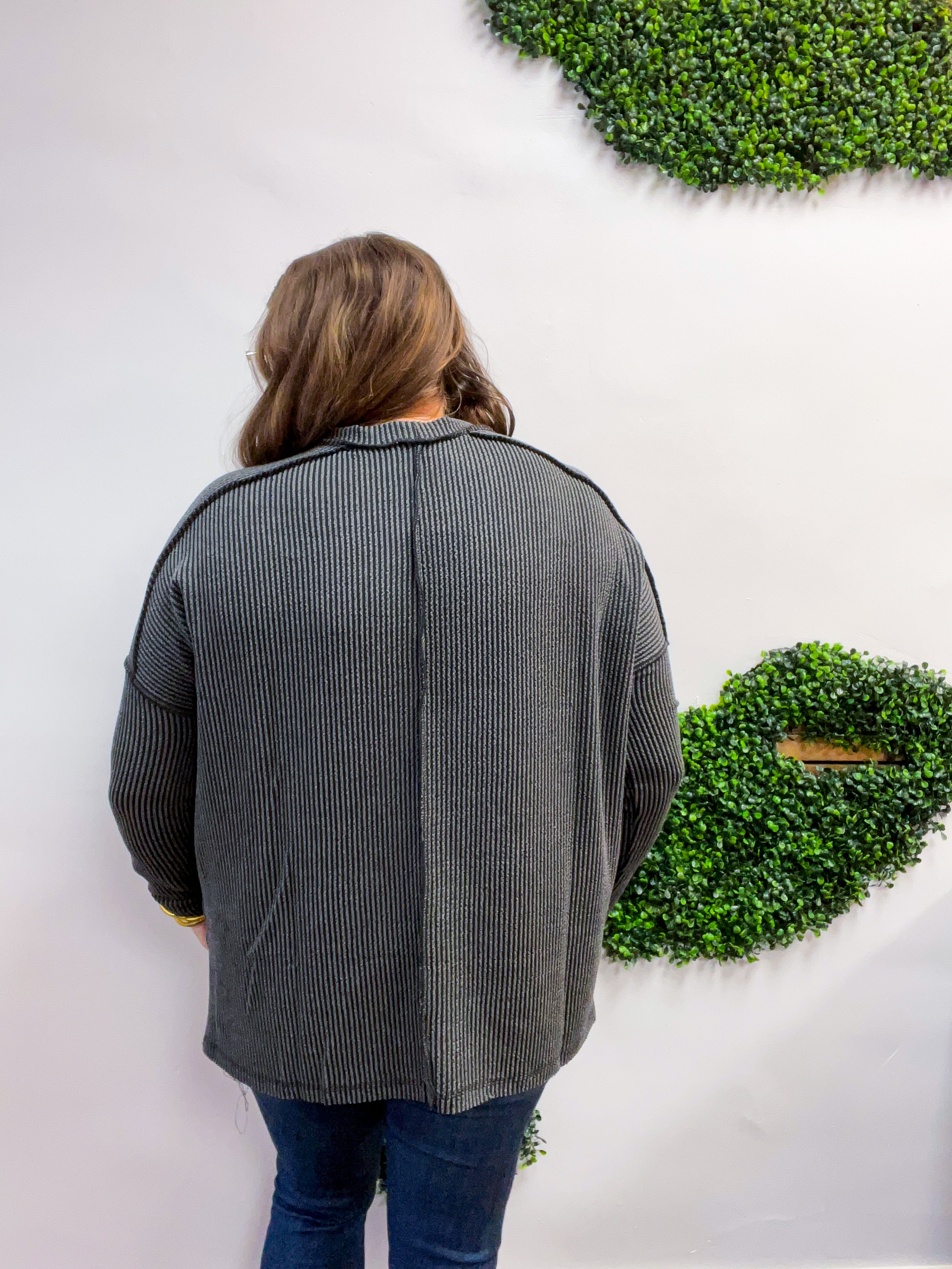 The Textured Take Raised Rib Long Sleeve Top in Charcoal