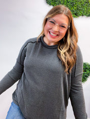 The Textured Take Raised Rib Long Sleeve Top in Charcoal