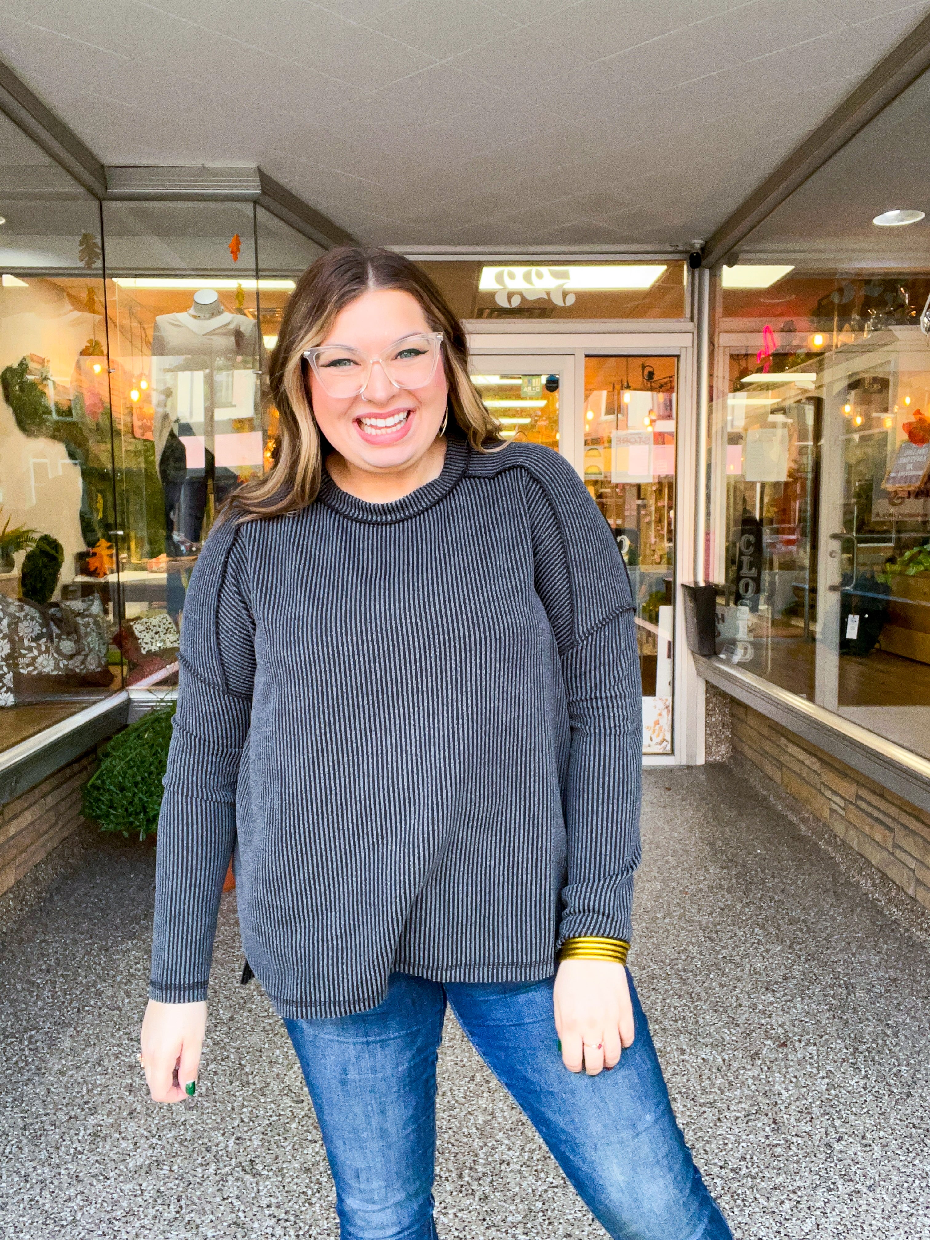 The Textured Take Raised Rib Long Sleeve Top in Charcoal