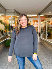 The Textured Take Raised Rib Long Sleeve Top in Charcoal
