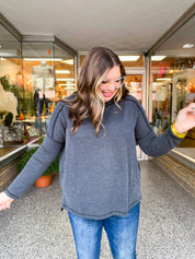 The Textured Take Raised Rib Long Sleeve Top in Charcoal