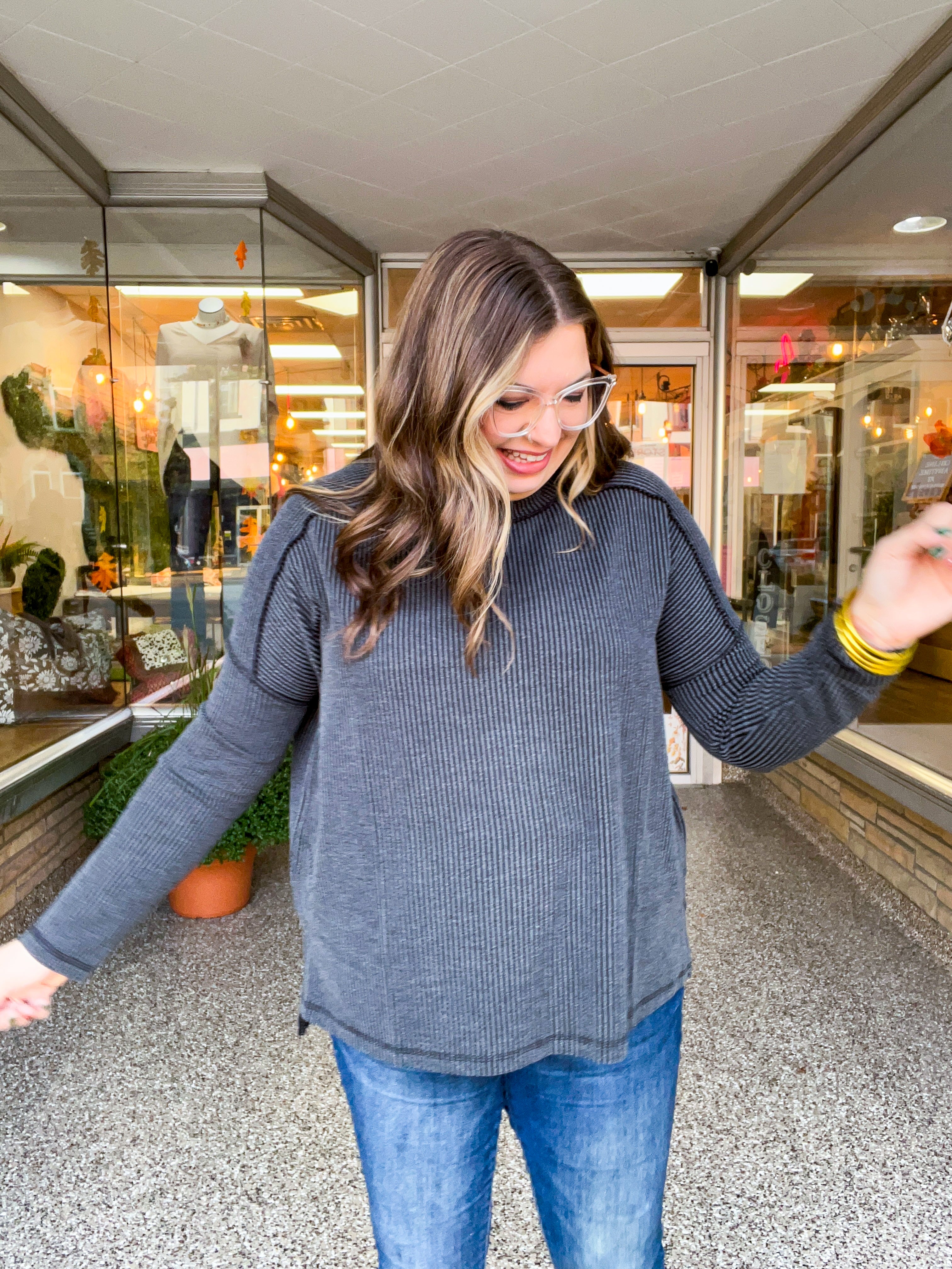 The Textured Take Raised Rib Long Sleeve Top in Charcoal