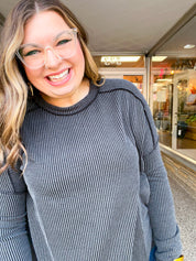 The Textured Take Raised Rib Long Sleeve Top in Charcoal