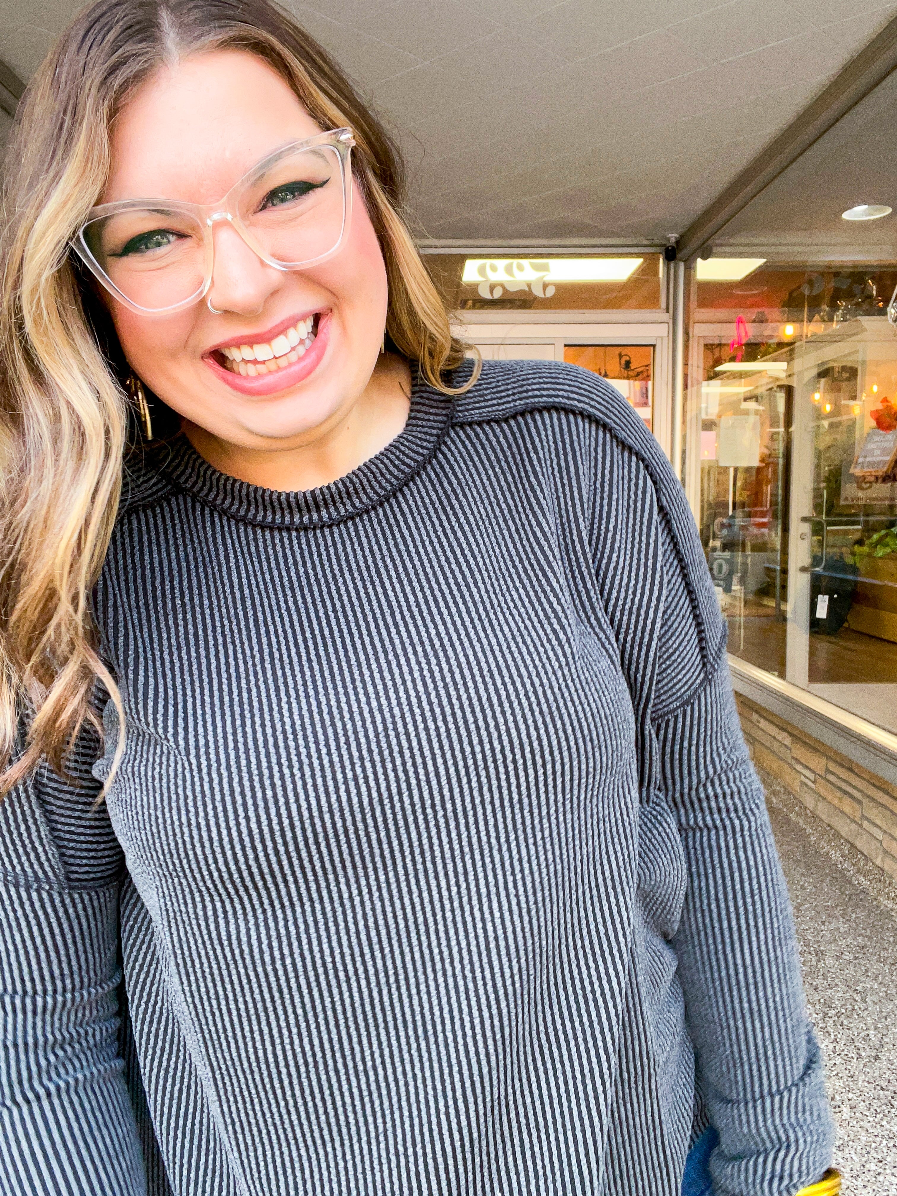 The Textured Take Raised Rib Long Sleeve Top in Charcoal