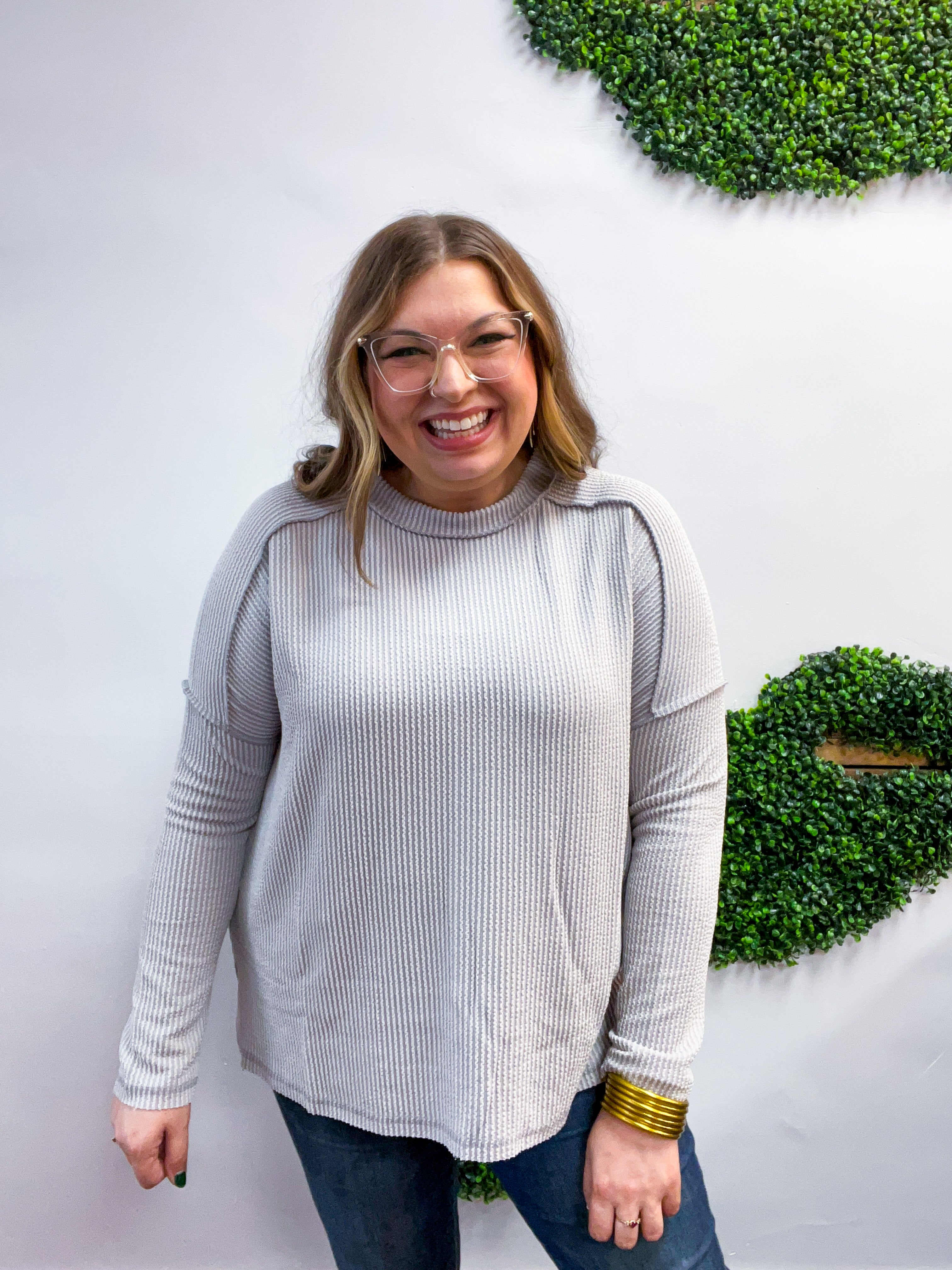 The Textured Take Raised Rib Long Sleeve Top in Silver