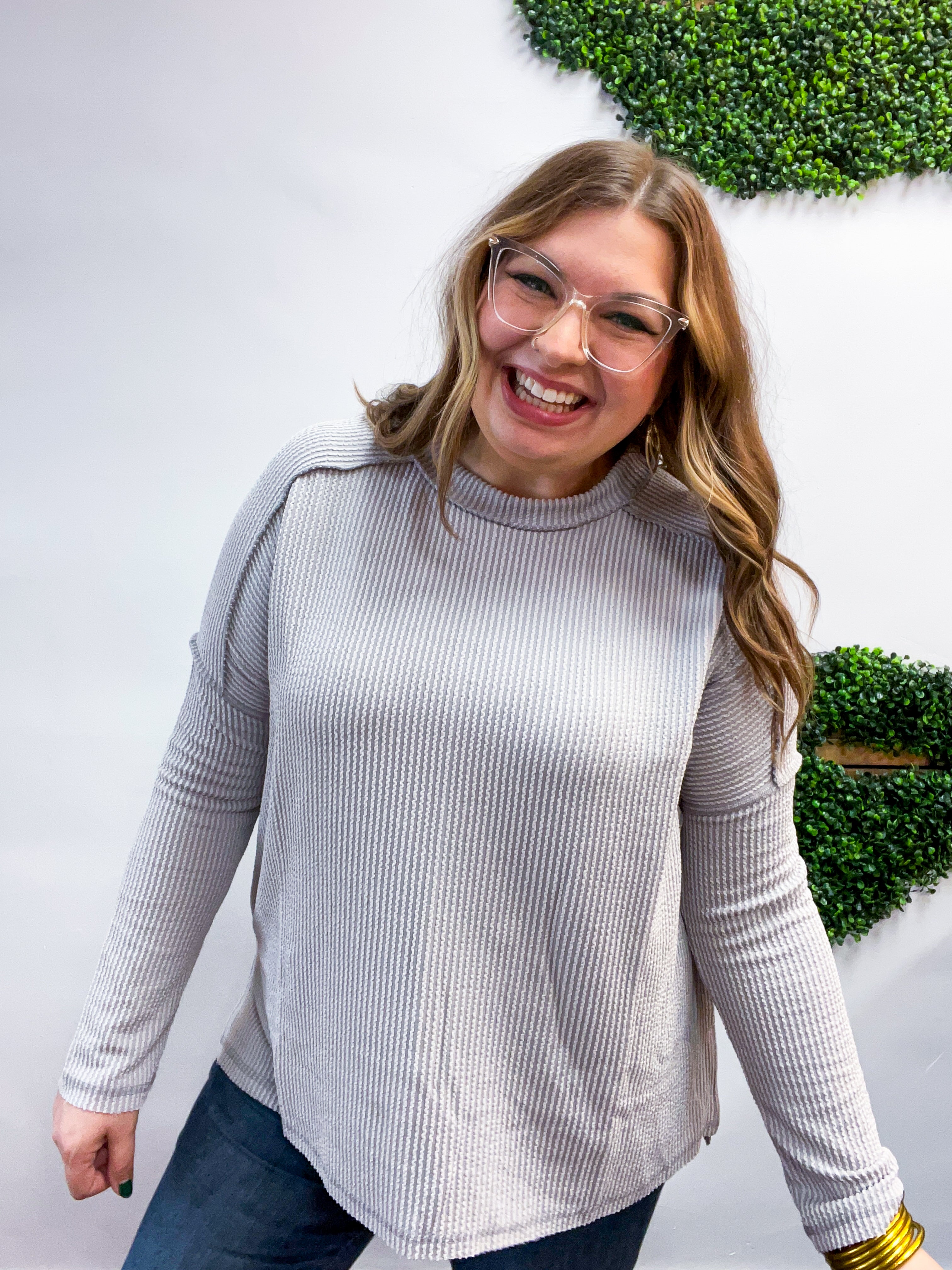 The Textured Take Raised Rib Long Sleeve Top in Silver