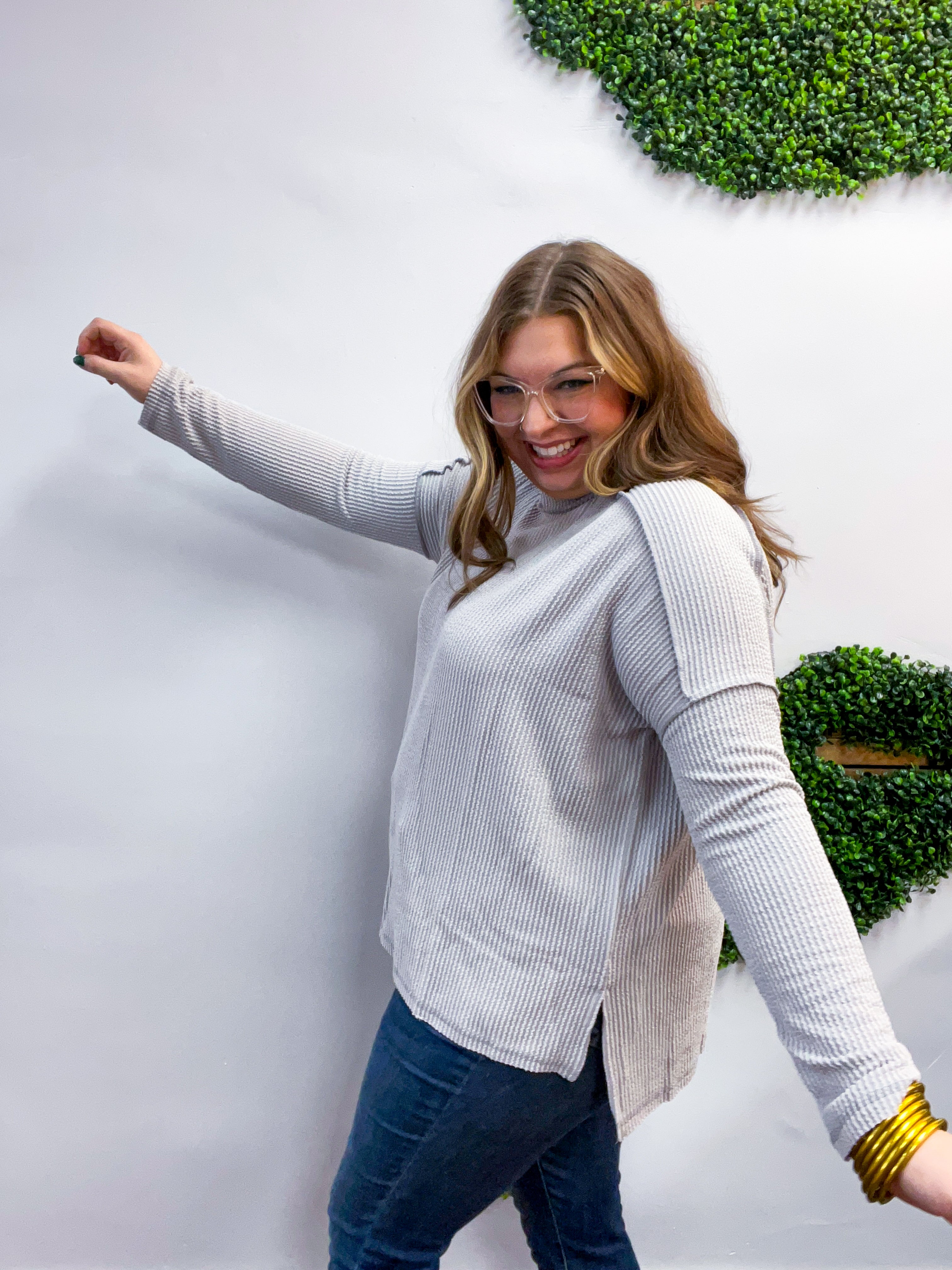 The Textured Take Raised Rib Long Sleeve Top in Silver