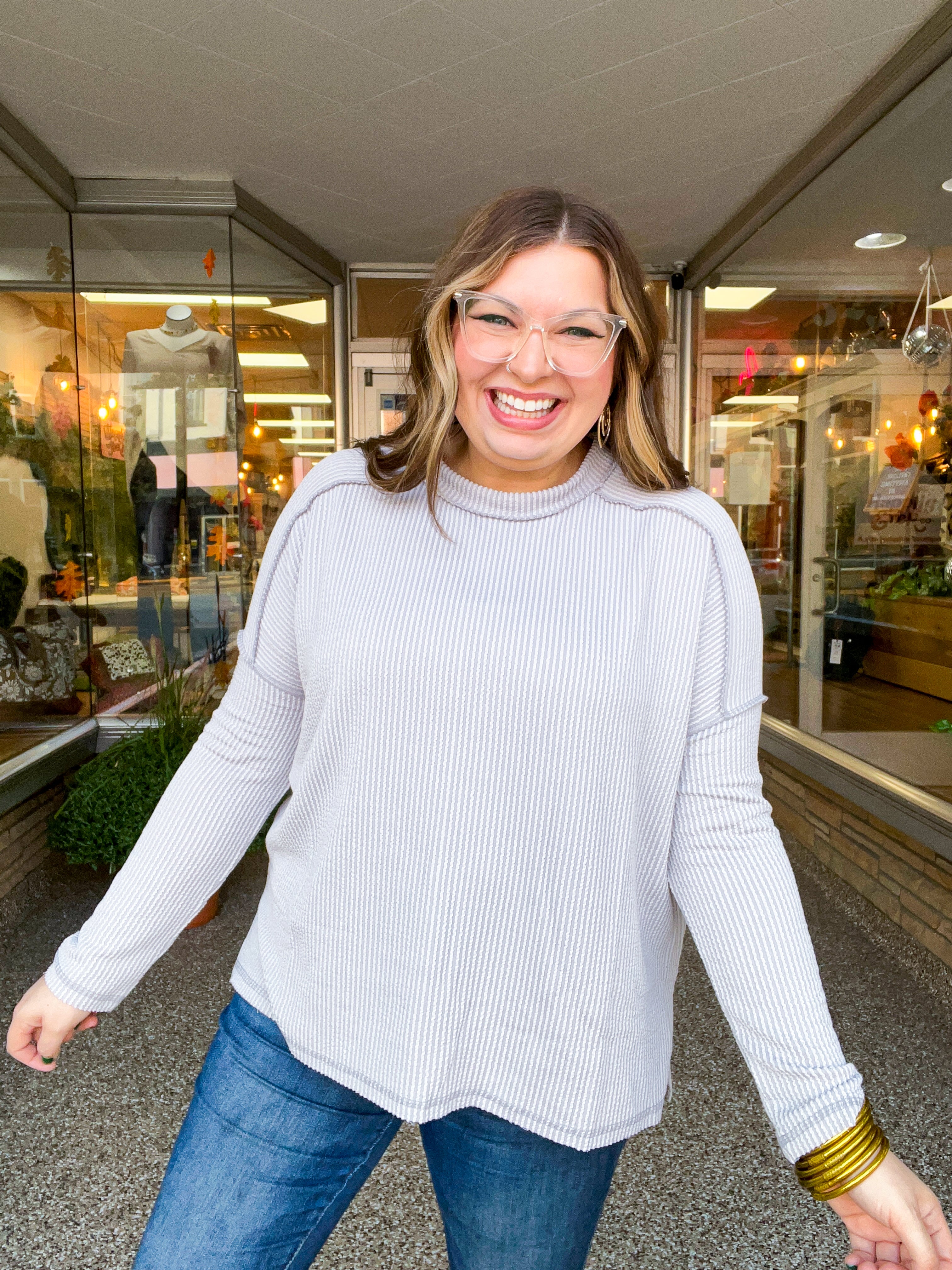 The Textured Take Raised Rib Long Sleeve Top in Silver