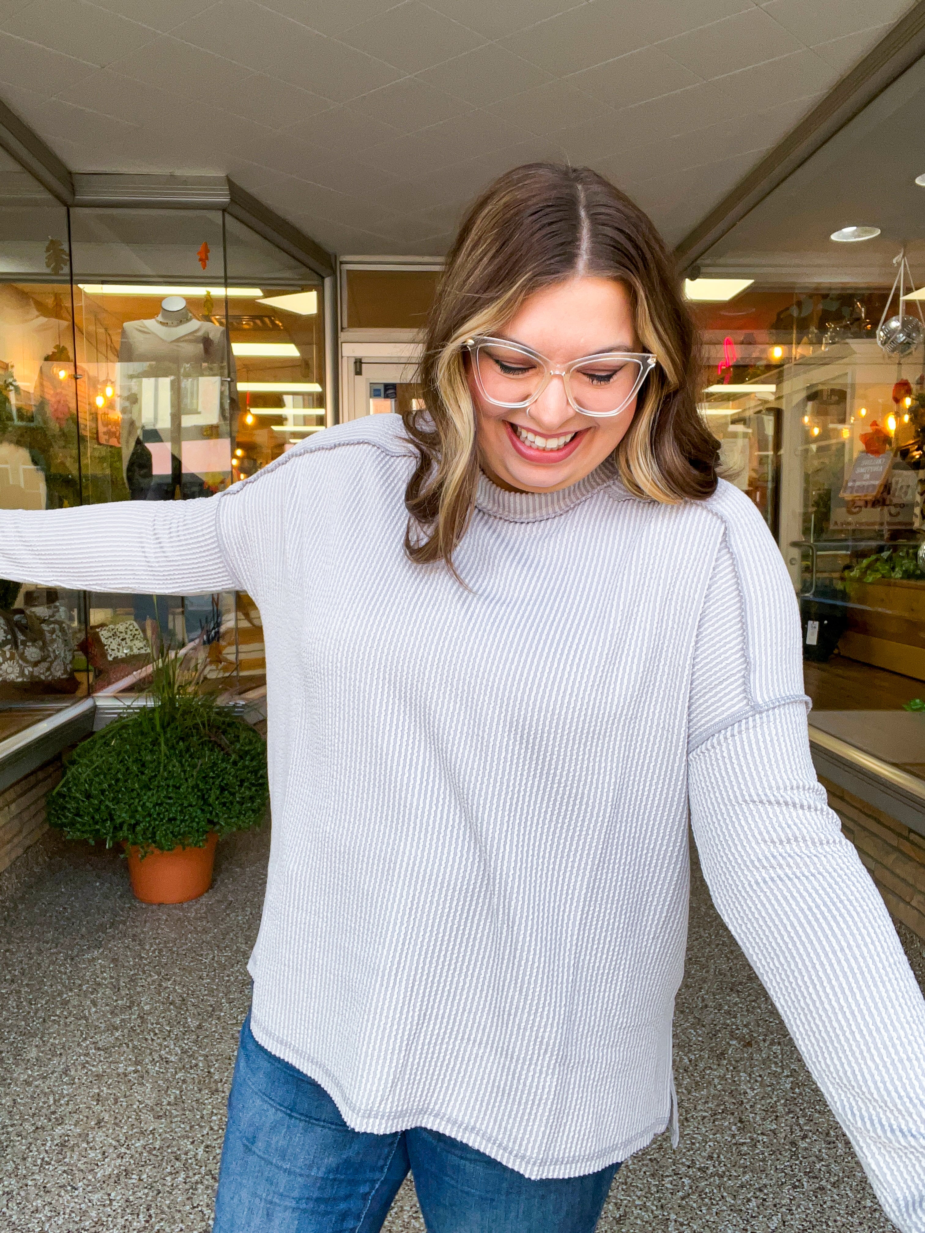 The Textured Take Raised Rib Long Sleeve Top in Silver
