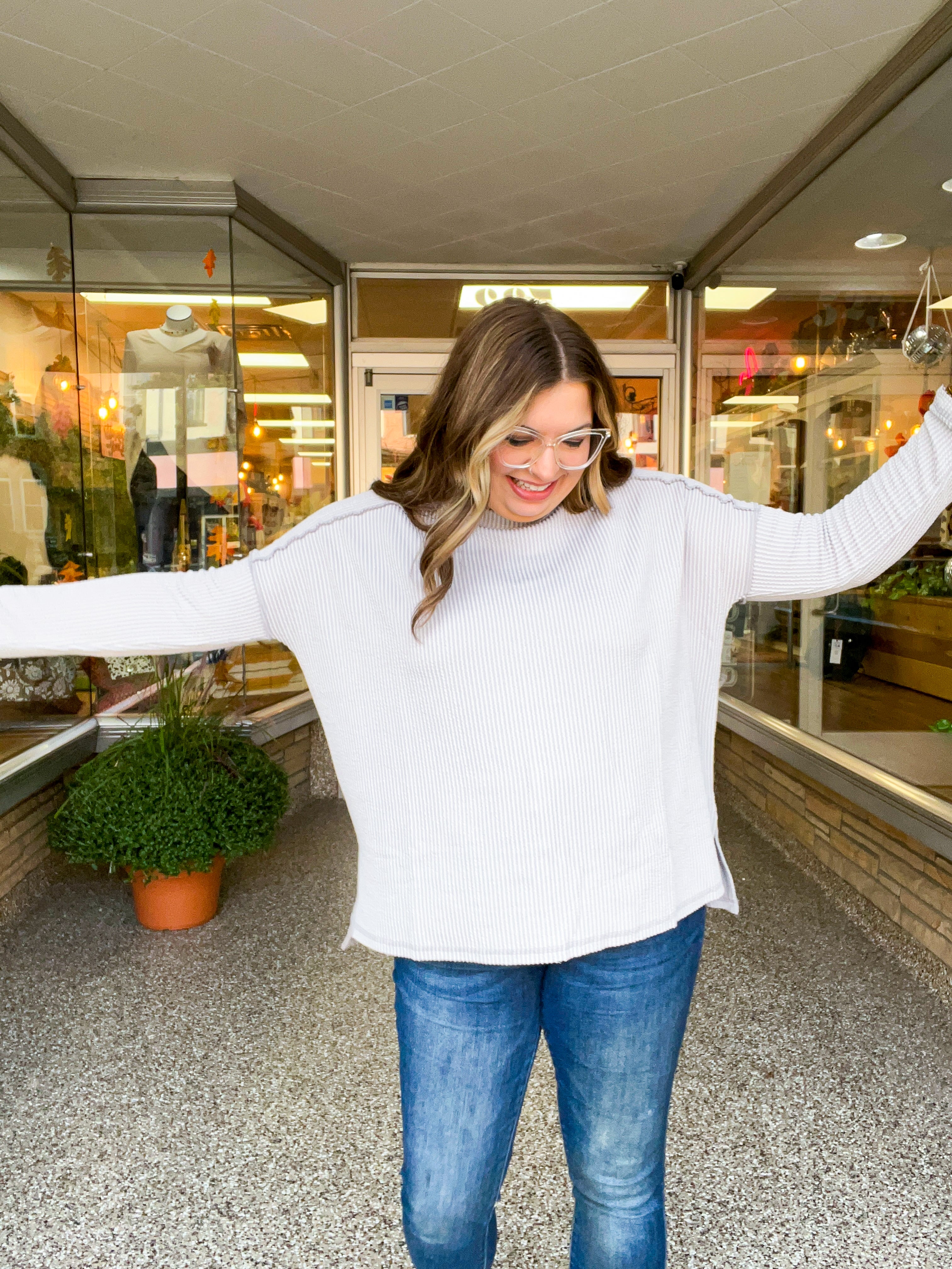 The Textured Take Raised Rib Long Sleeve Top in Silver