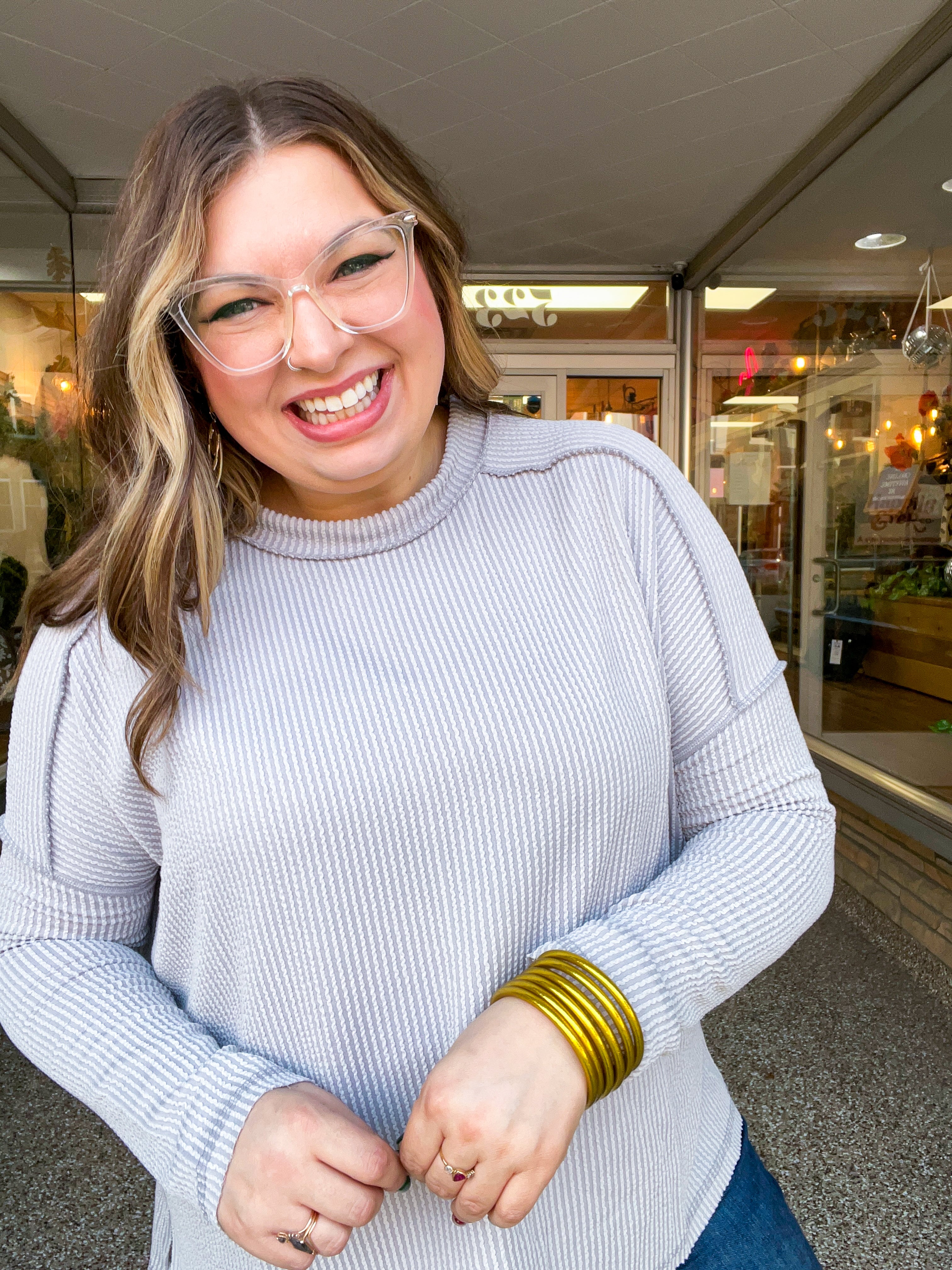 The Textured Take Raised Rib Long Sleeve Top in Silver