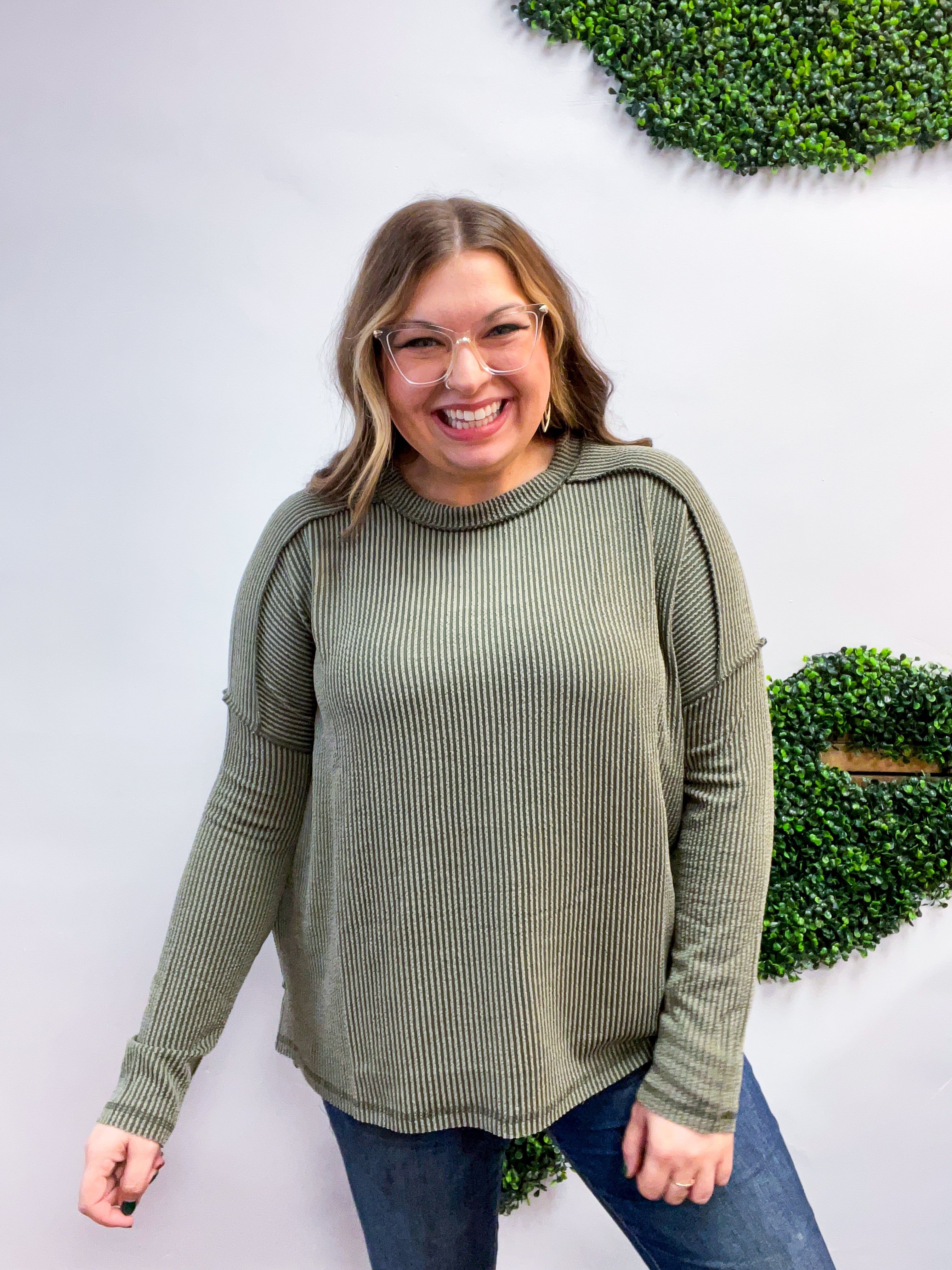 The Textured Take Raised Rib Long Sleeve Top in Olive
