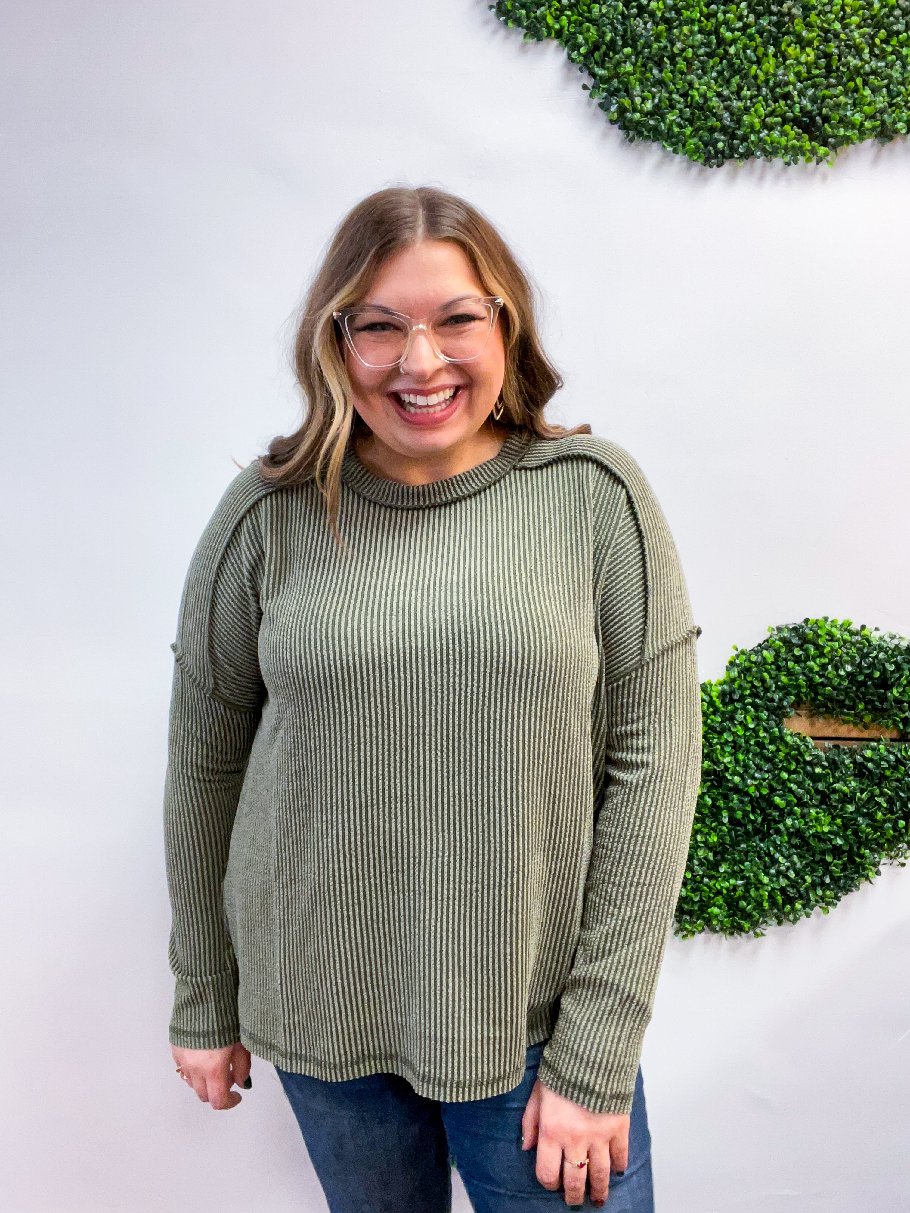 The Textured Take Raised Rib Long Sleeve Top in Olive