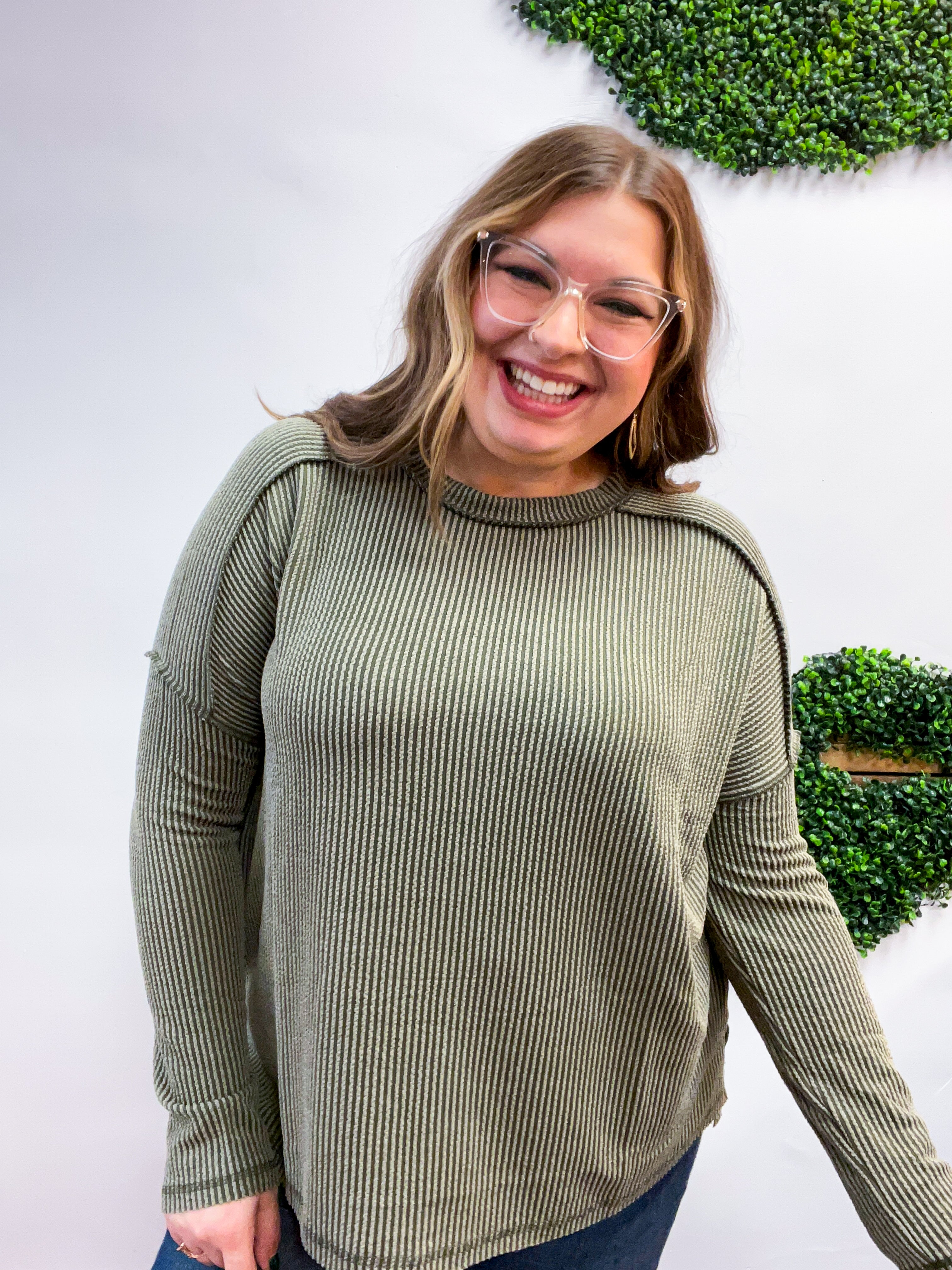 The Textured Take Raised Rib Long Sleeve Top in Olive