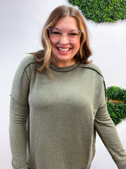 The Textured Take Raised Rib Long Sleeve Top in Olive