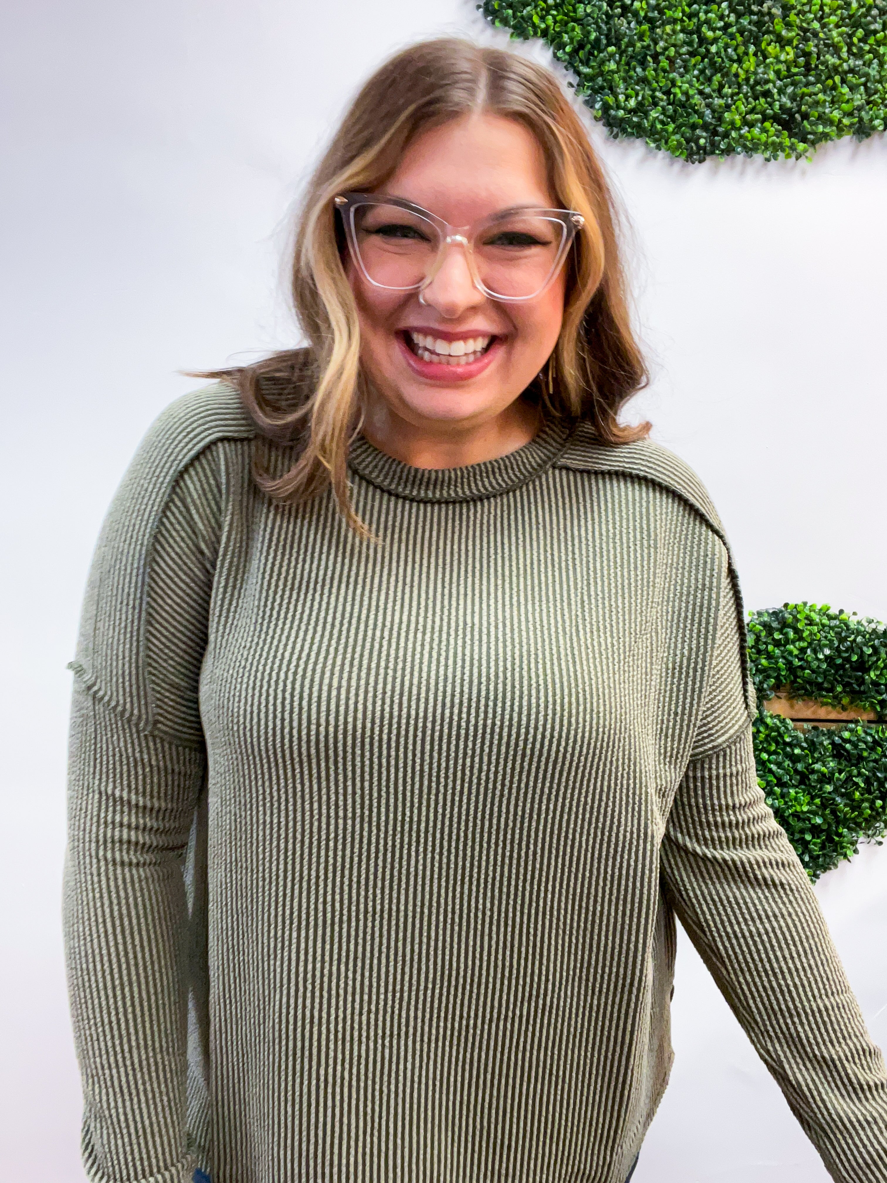 The Textured Take Raised Rib Long Sleeve Top in Olive