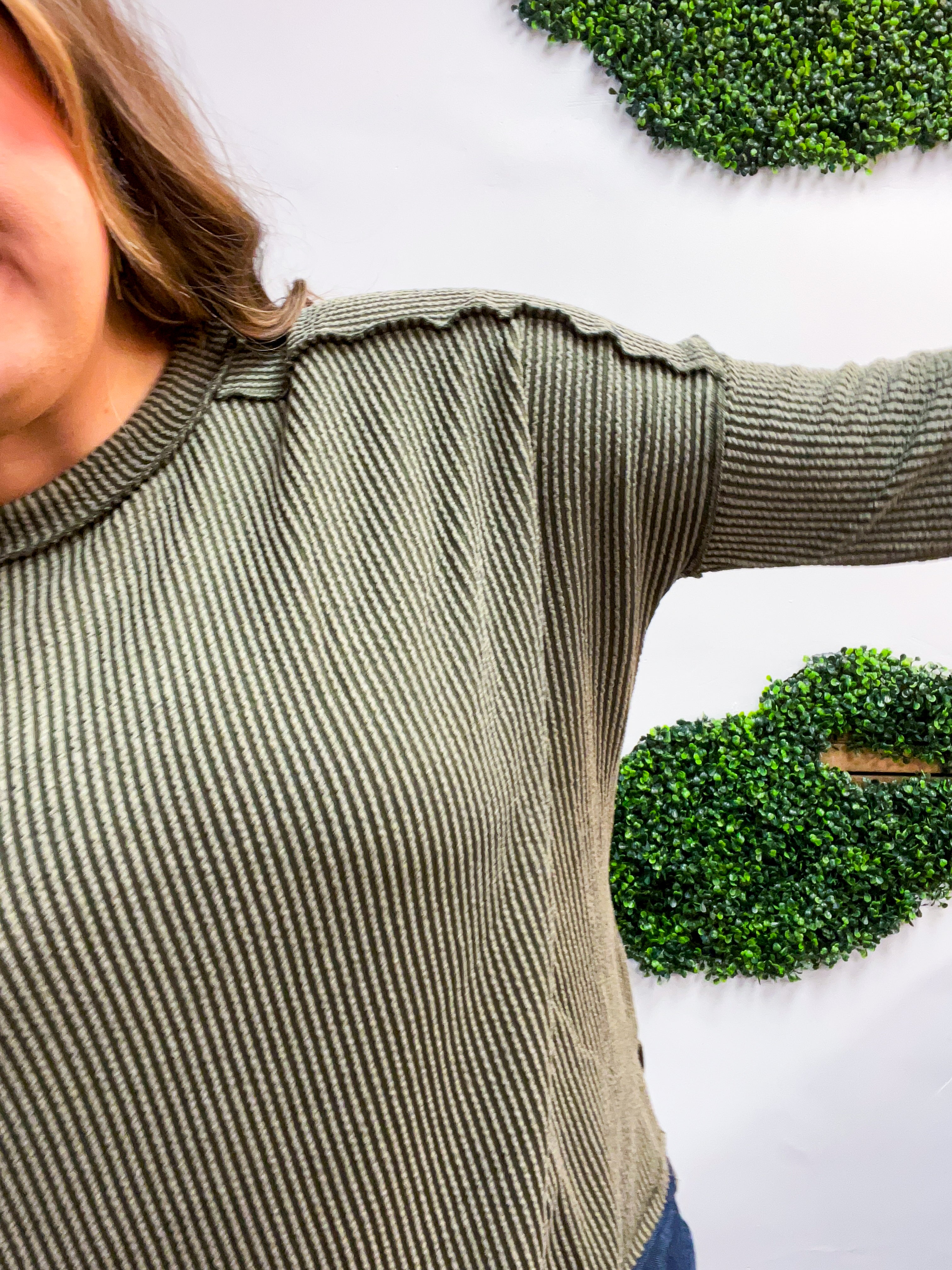 The Textured Take Raised Rib Long Sleeve Top in Olive