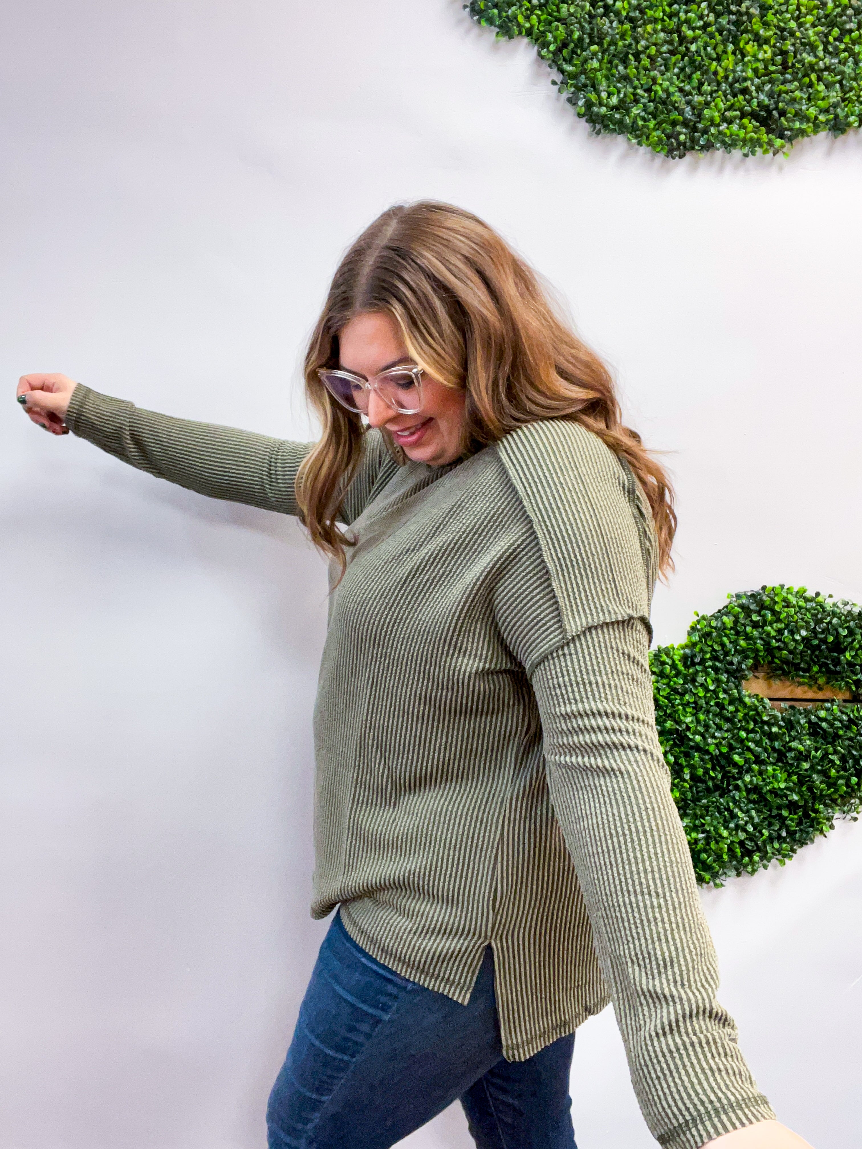 The Textured Take Raised Rib Long Sleeve Top in Olive