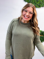 The Textured Take Raised Rib Long Sleeve Top in Olive