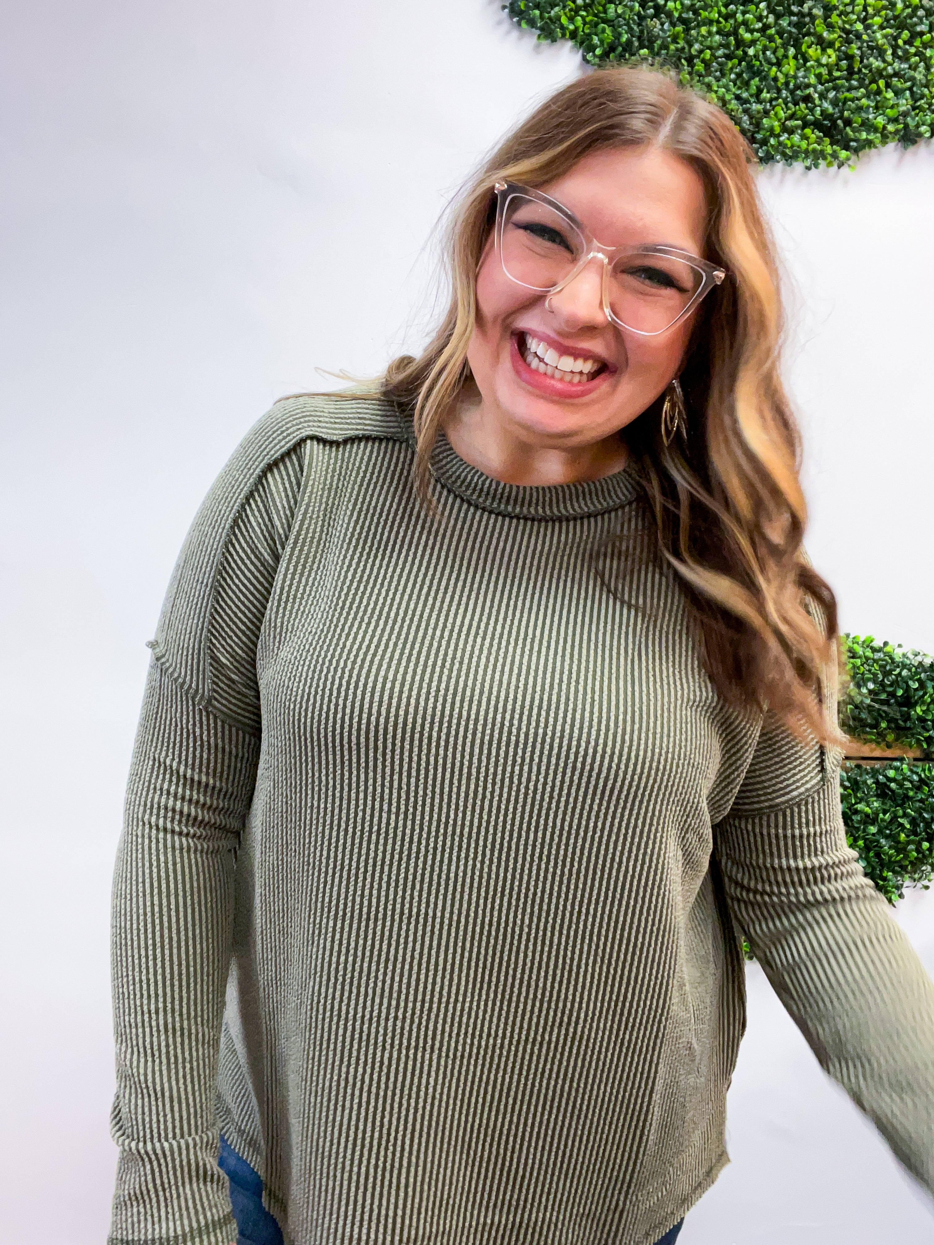 The Textured Take Raised Rib Long Sleeve Top in Olive