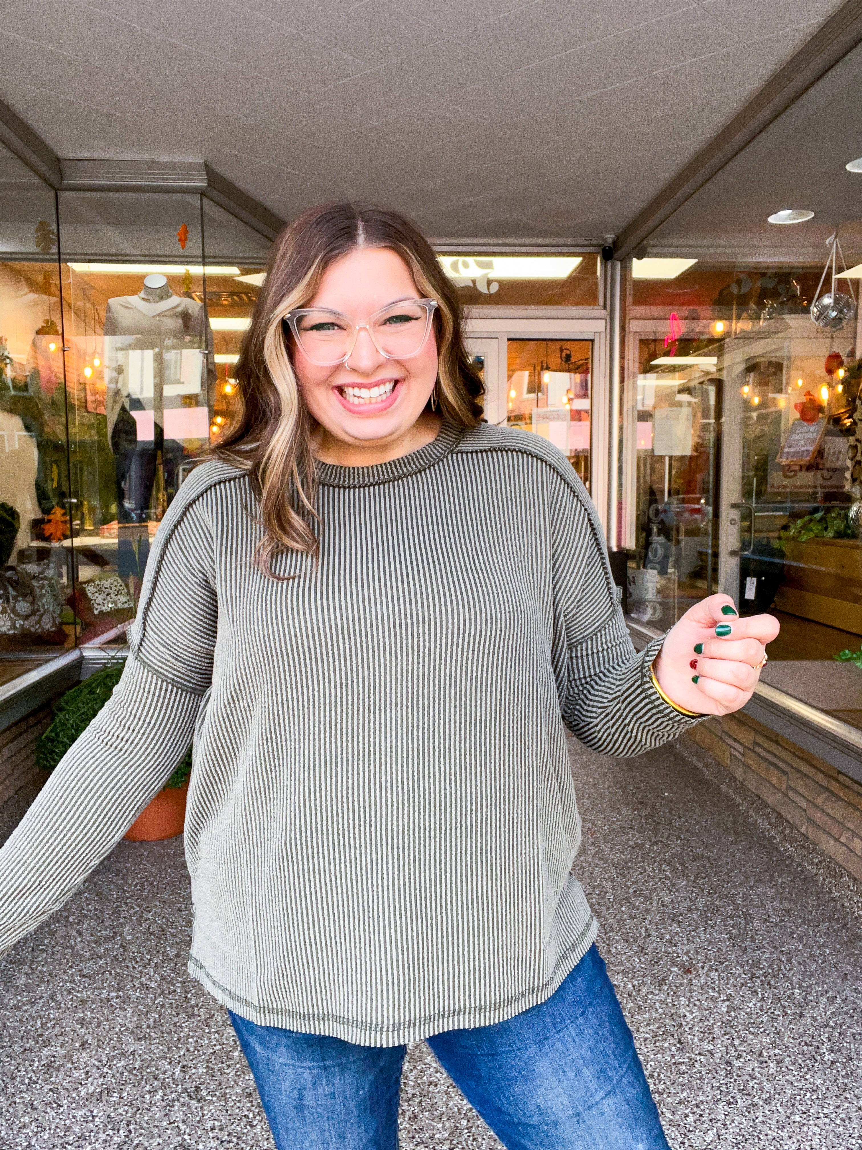 The Textured Take Raised Rib Long Sleeve Top in Olive