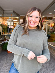 The Textured Take Raised Rib Long Sleeve Top in Olive