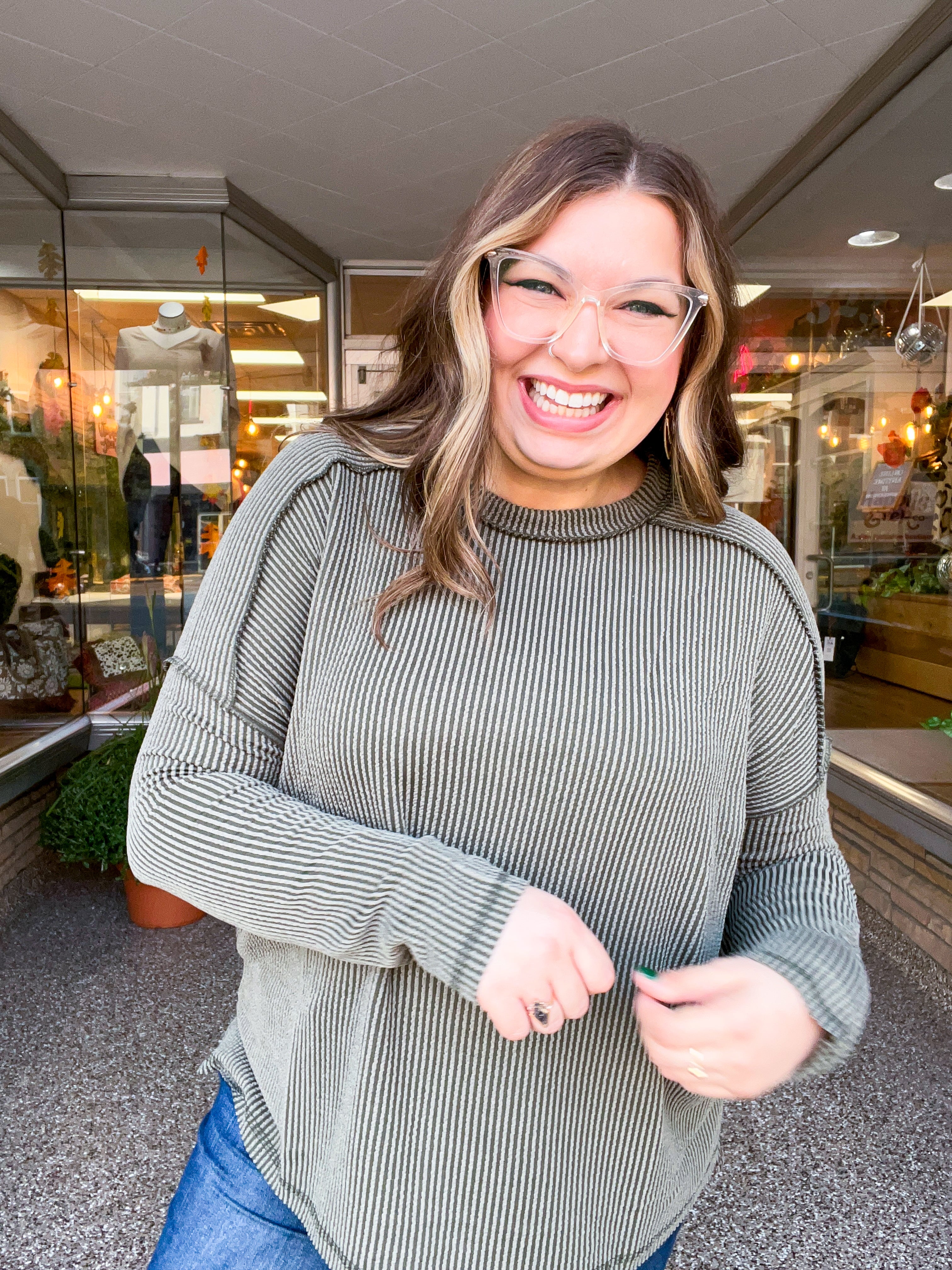 The Textured Take Raised Rib Long Sleeve Top in Olive