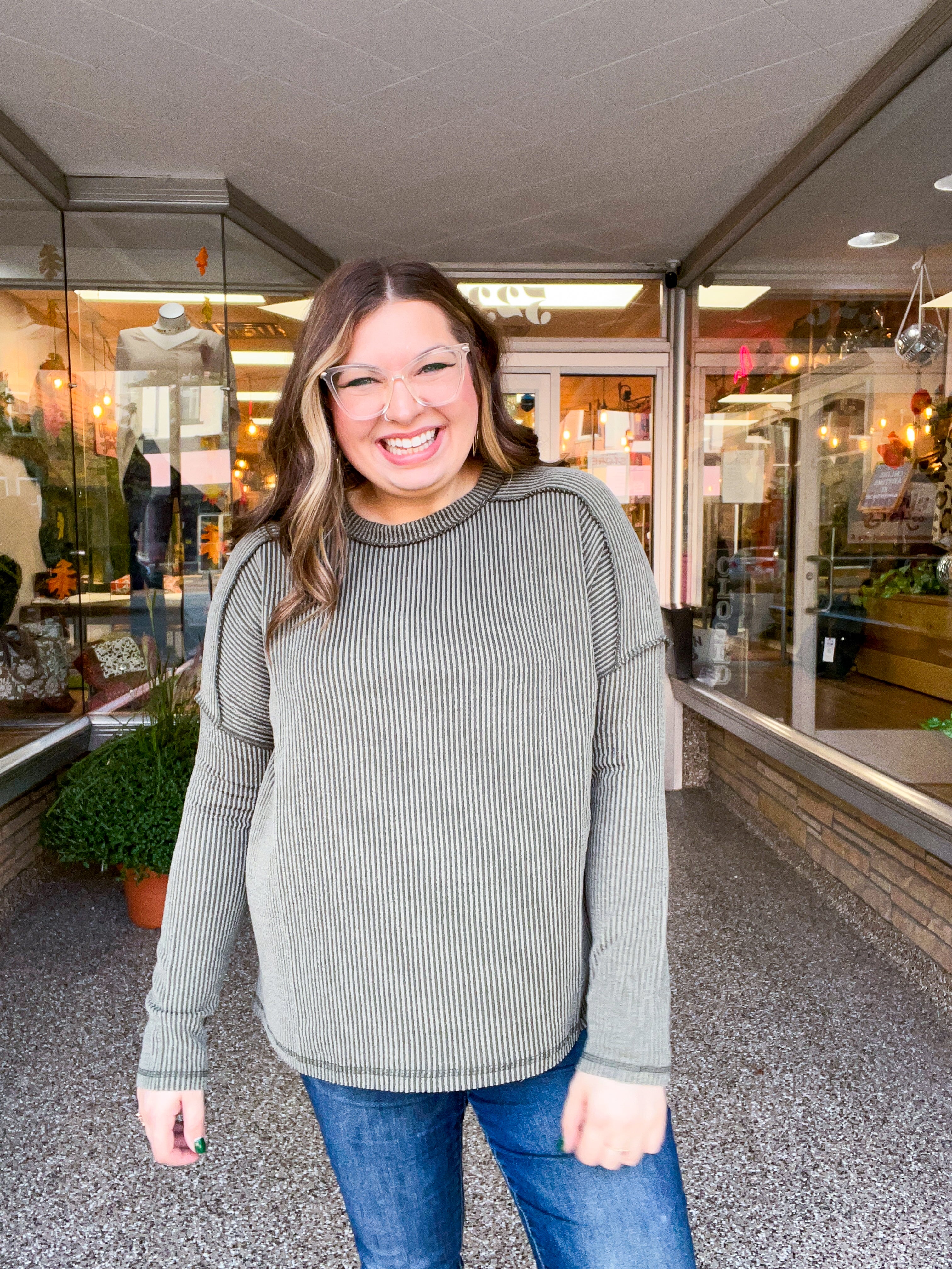 The Textured Take Raised Rib Long Sleeve Top in Olive