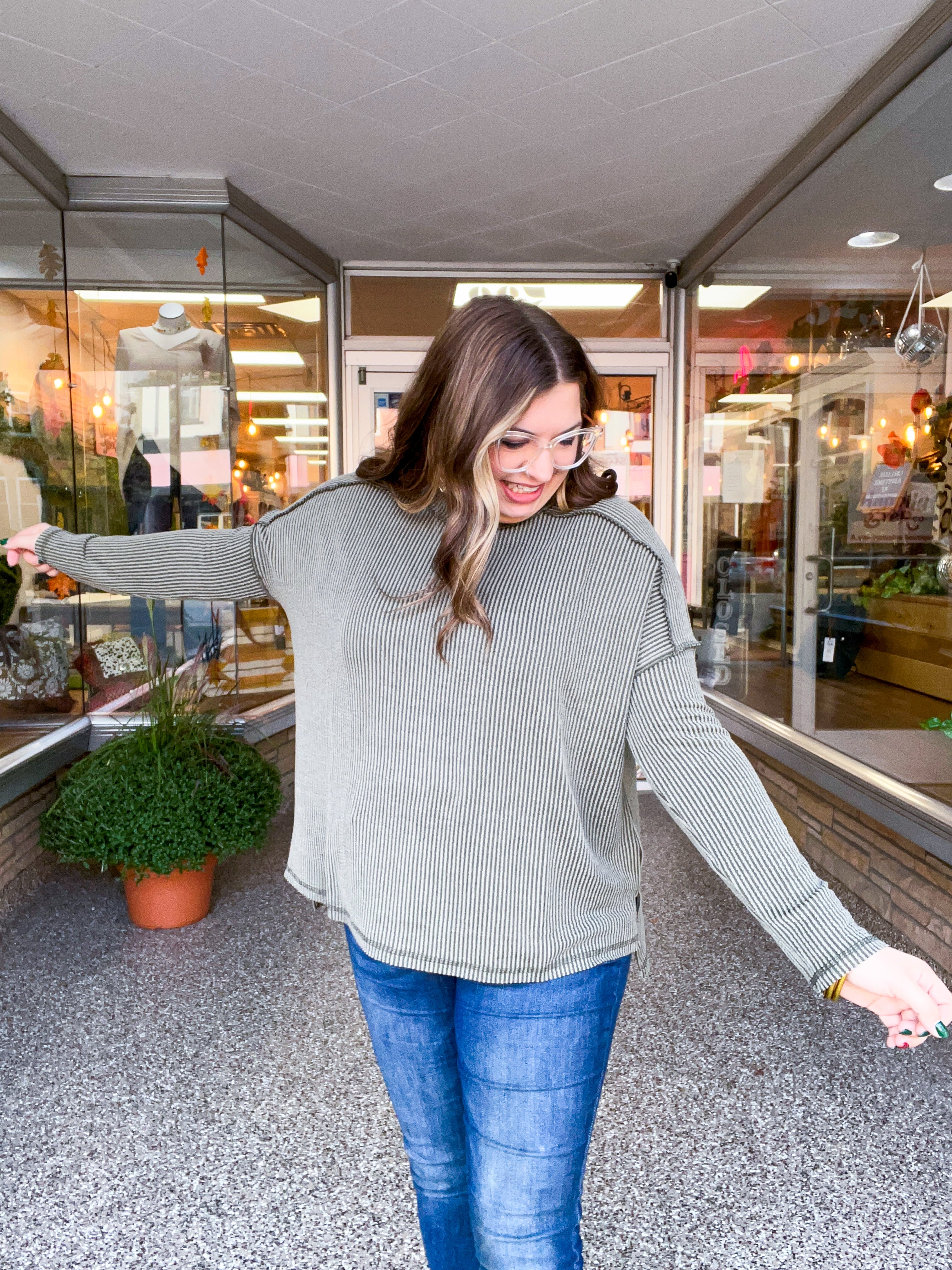 The Textured Take Raised Rib Long Sleeve Top in Olive