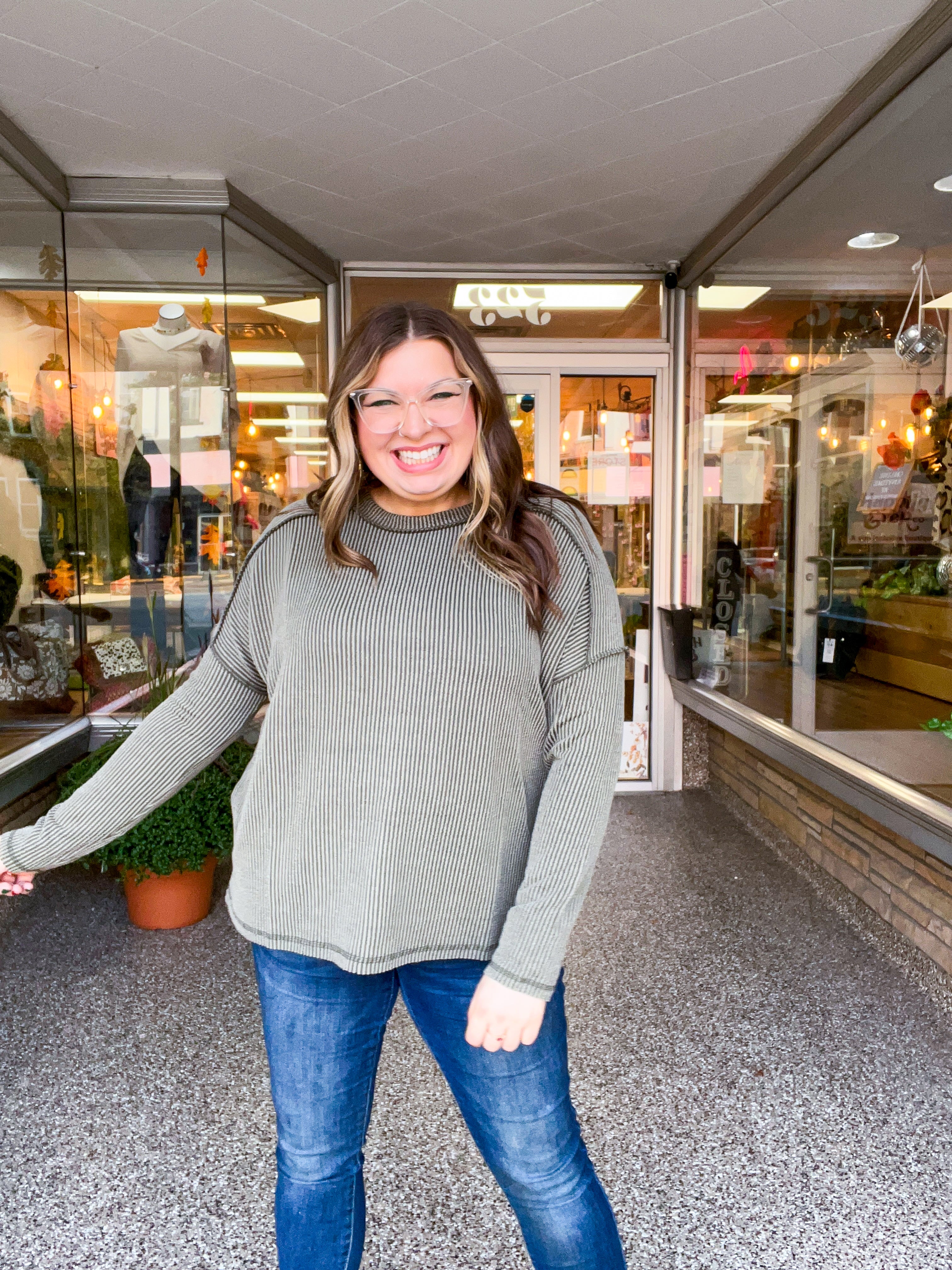 The Textured Take Raised Rib Long Sleeve Top in Olive