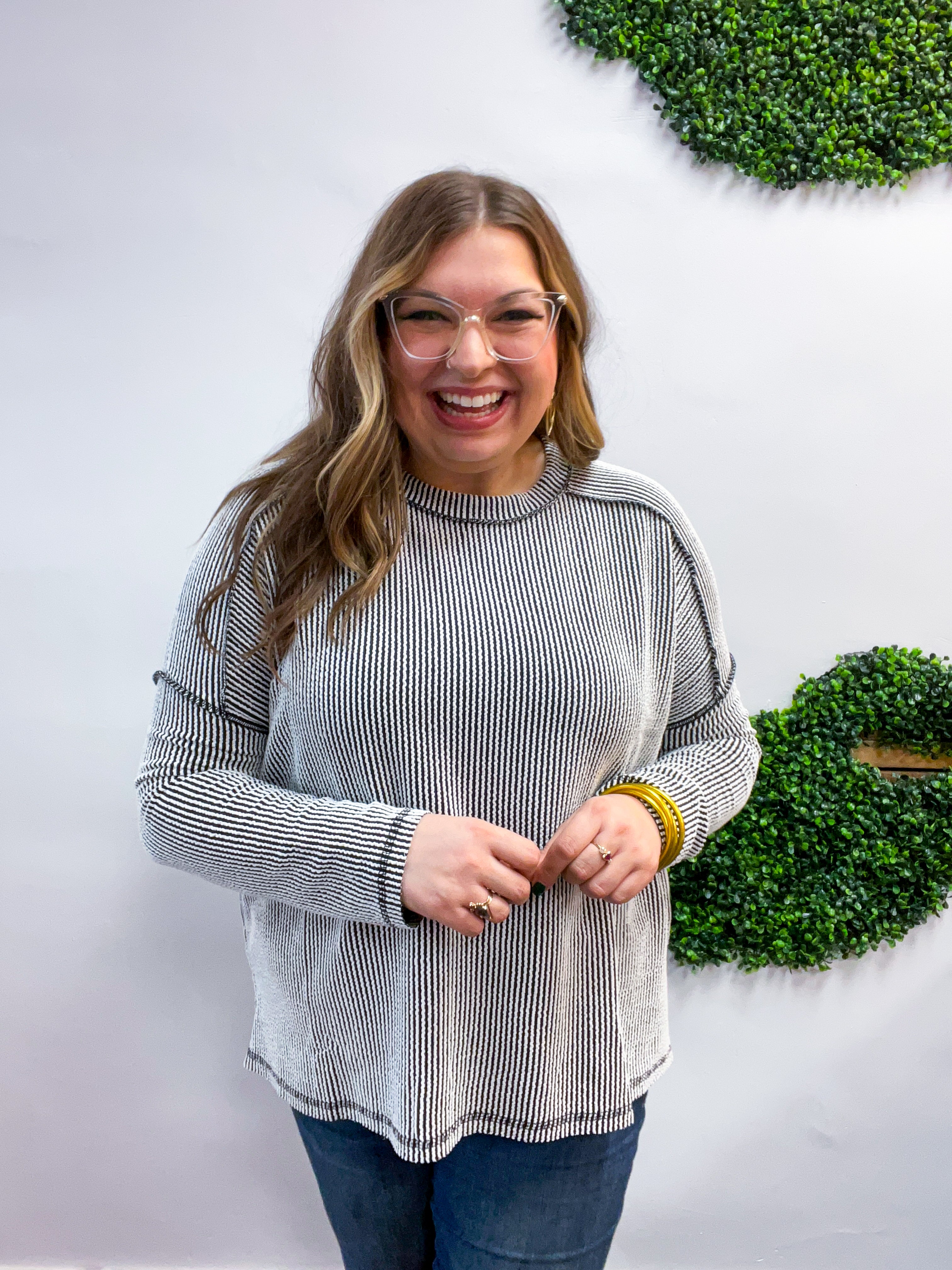 The Textured Take Raised Rib Long Sleeve Top in Black & White