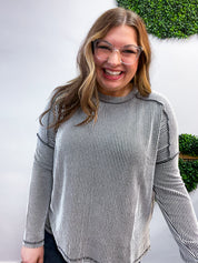 The Textured Take Raised Rib Long Sleeve Top in Black & White
