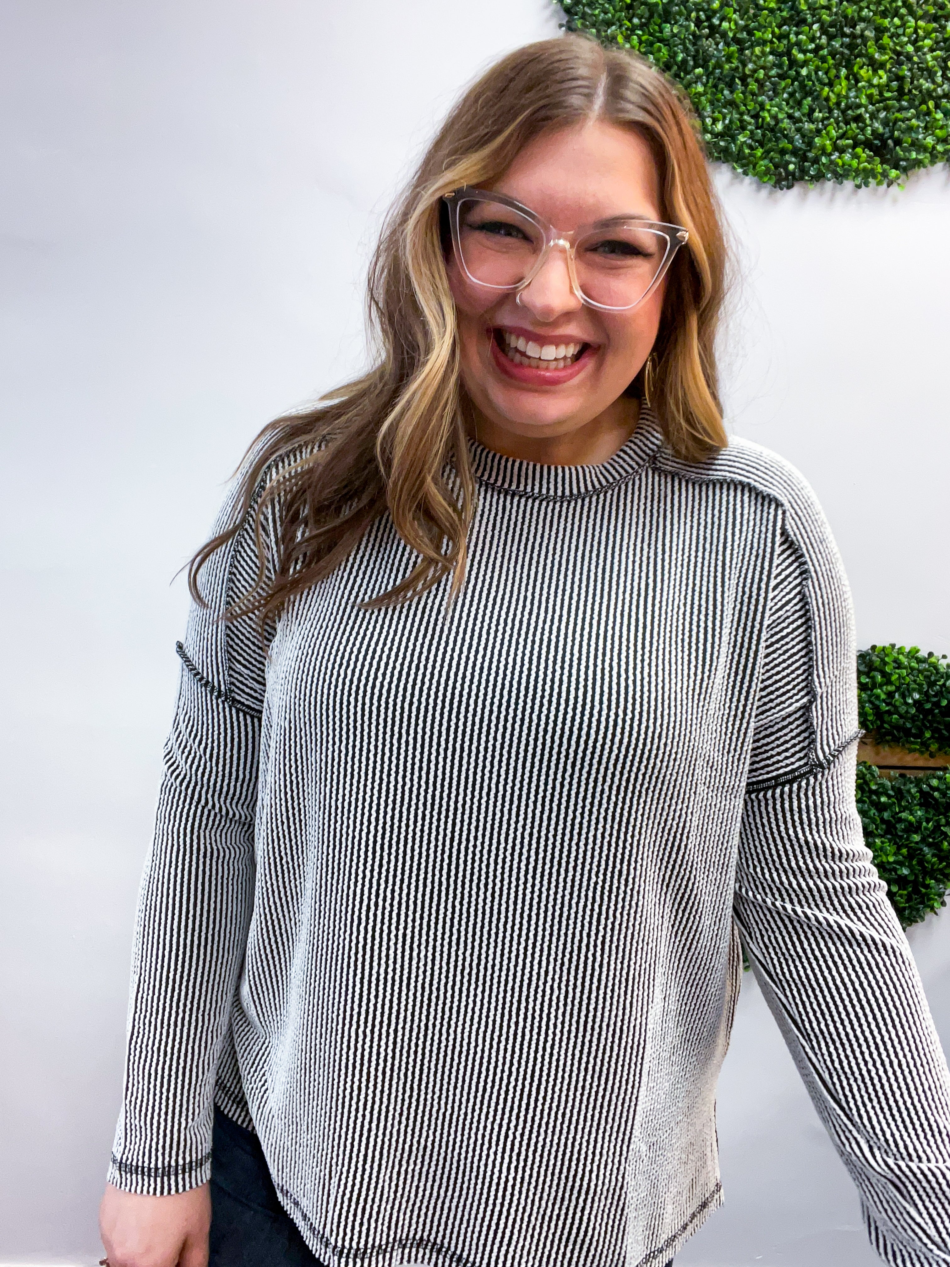 The Textured Take Raised Rib Long Sleeve Top in Black & White