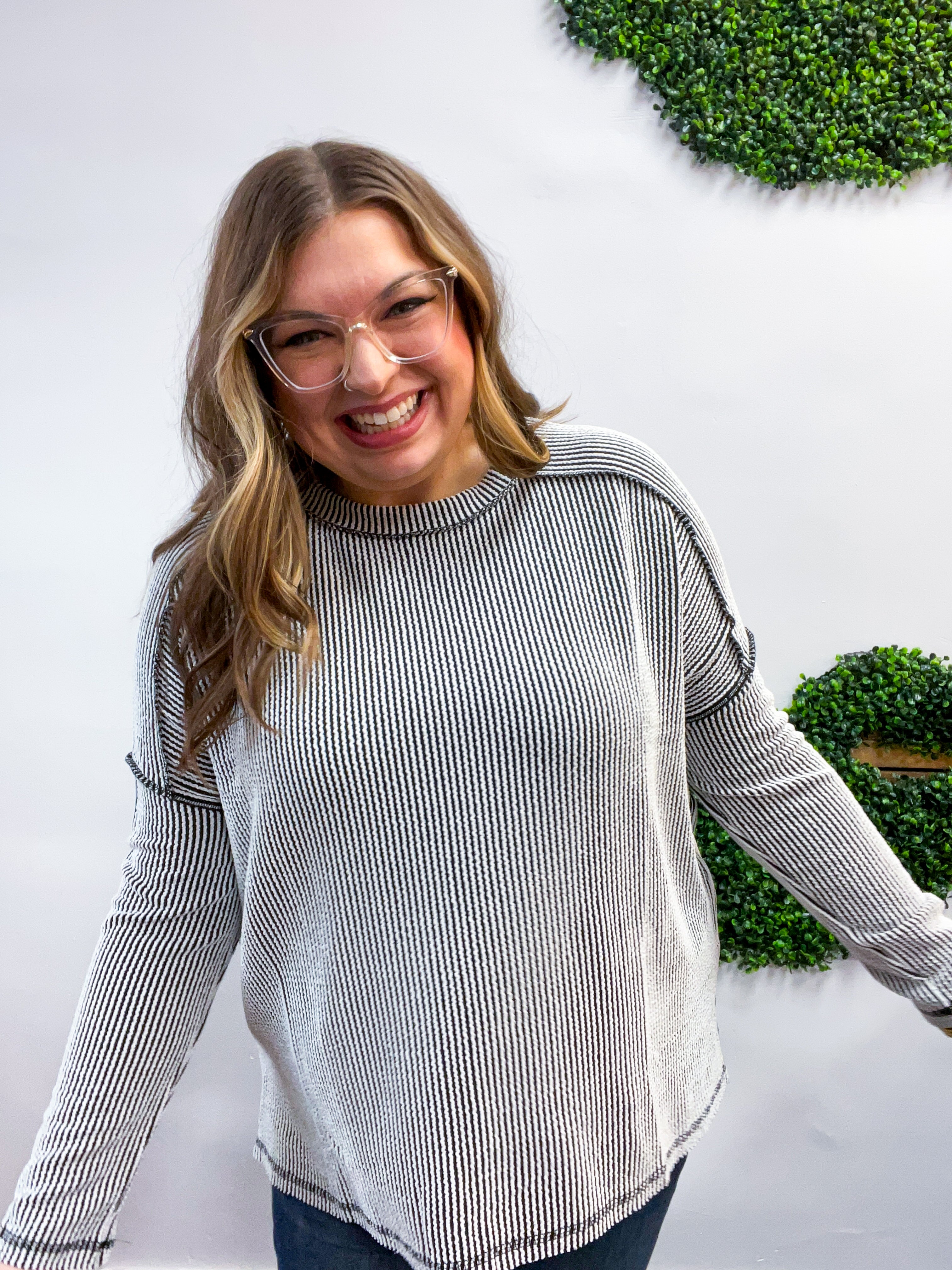 The Textured Take Raised Rib Long Sleeve Top in Black & White