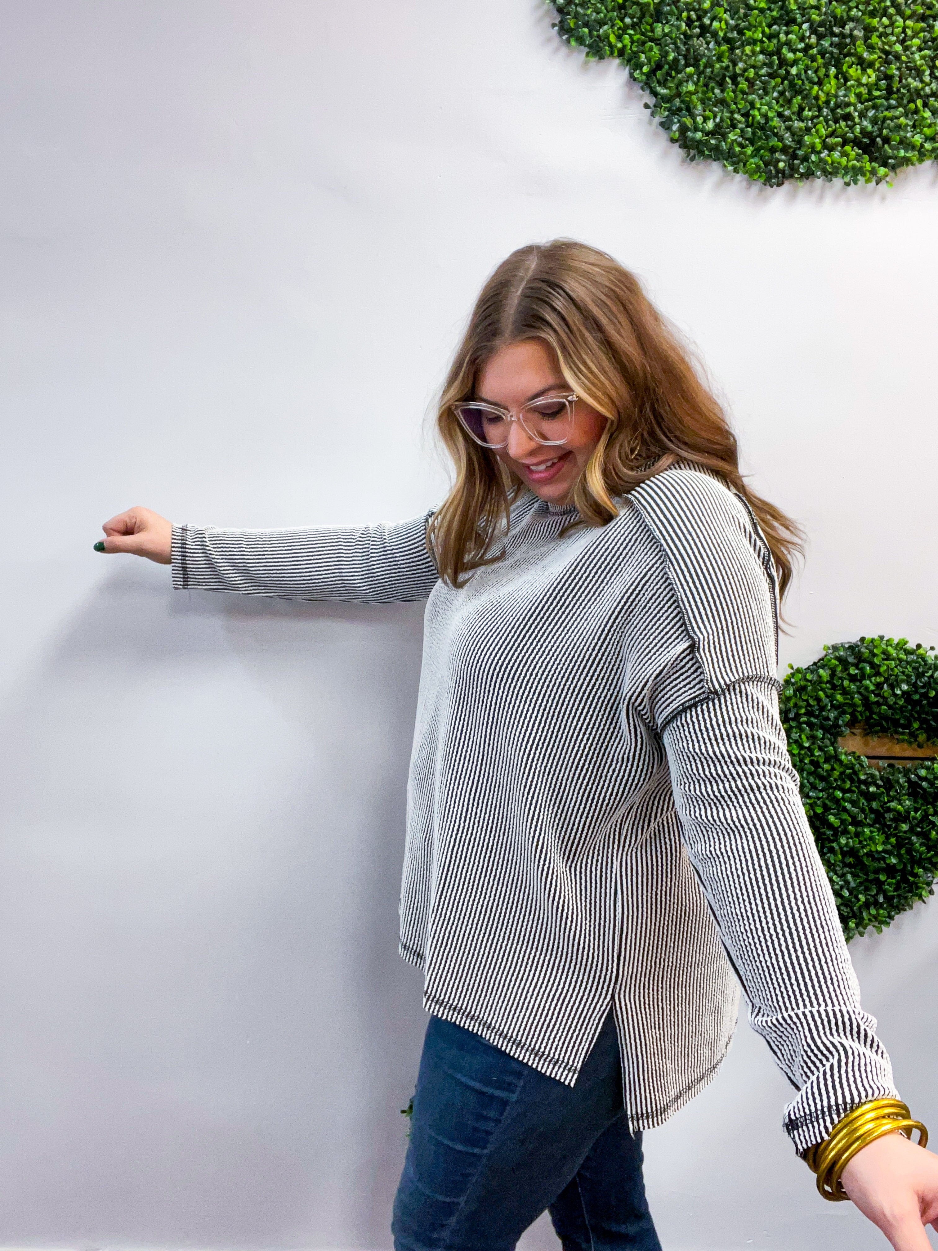 The Textured Take Raised Rib Long Sleeve Top in Black & White
