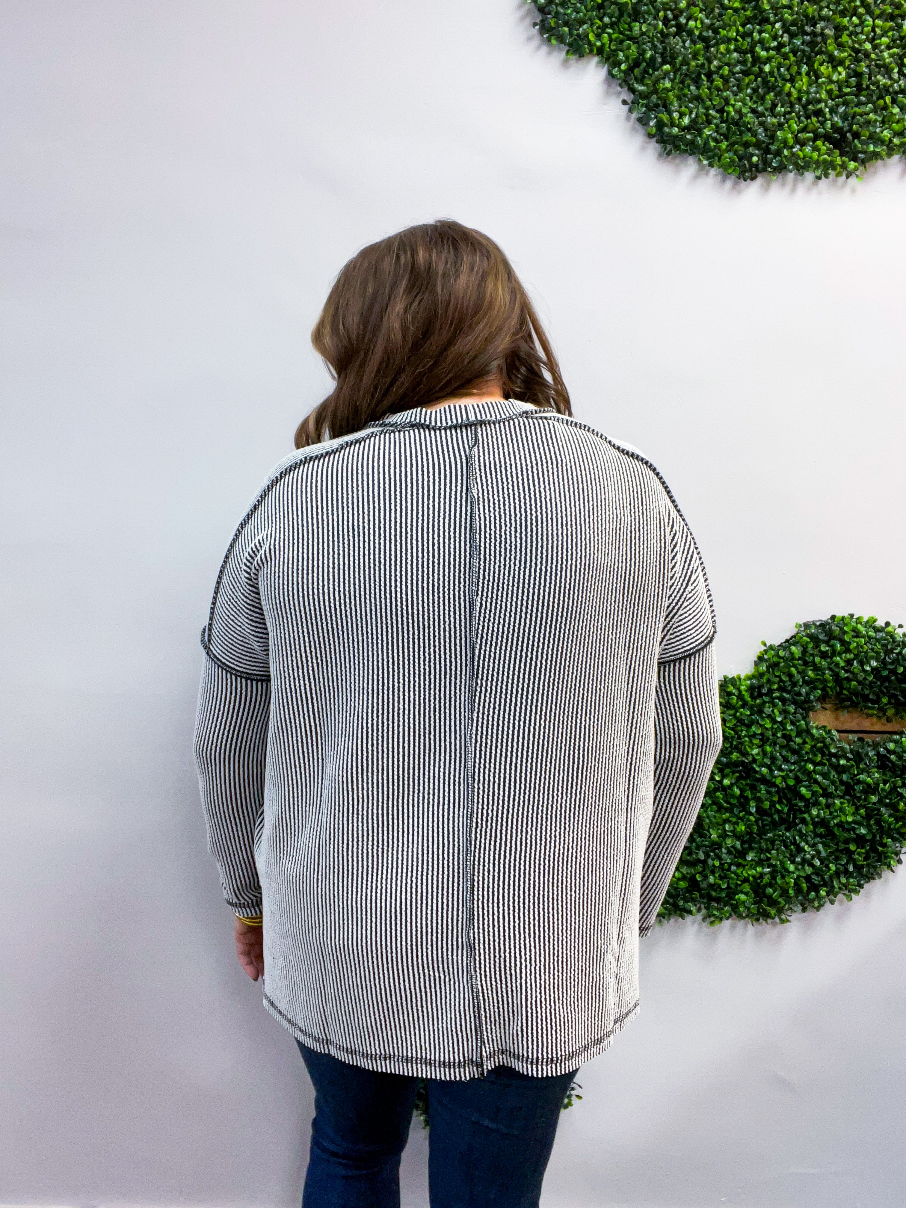 The Textured Take Raised Rib Long Sleeve Top in Black & White