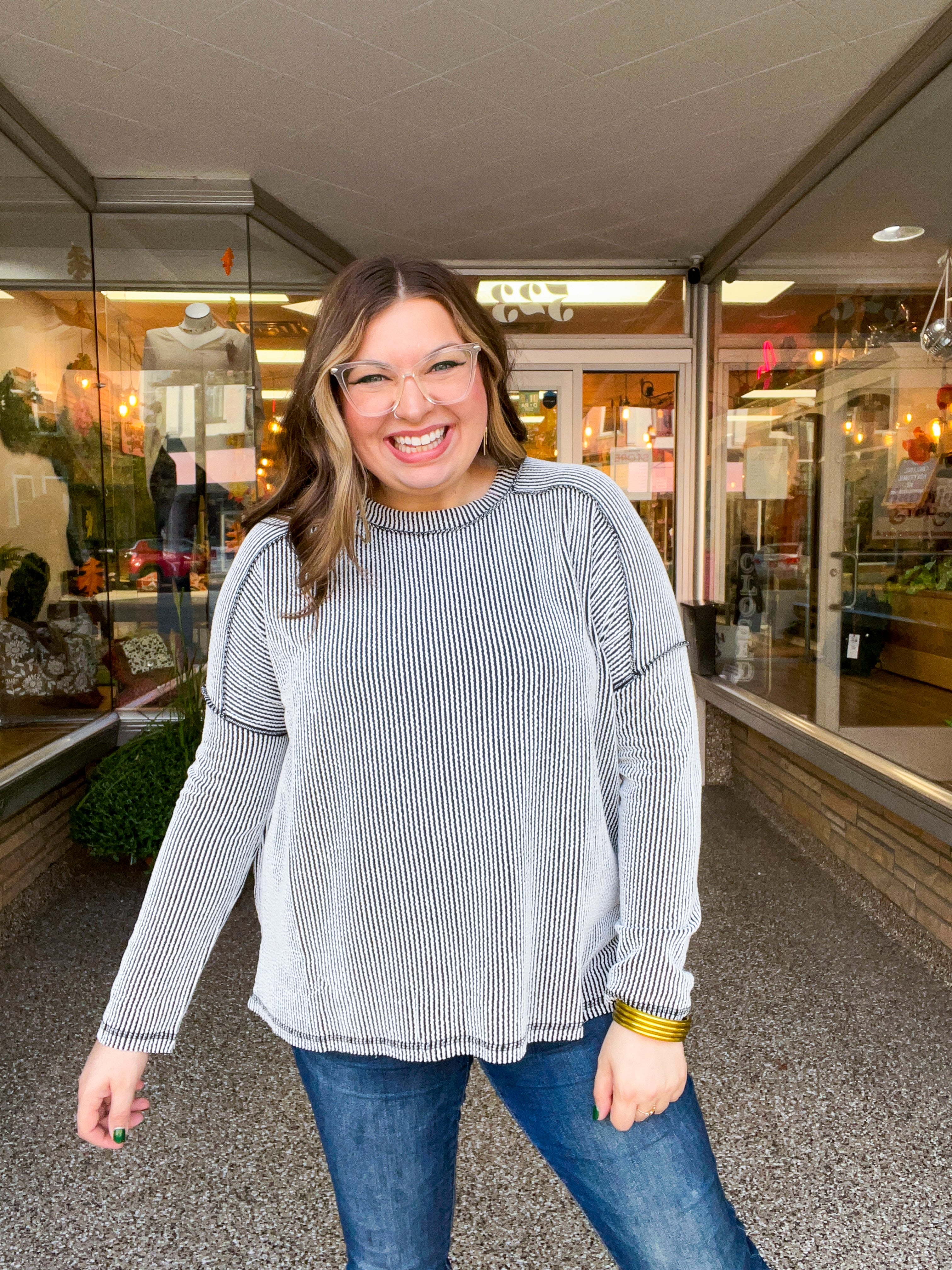 The Textured Take Raised Rib Long Sleeve Top in Black & White