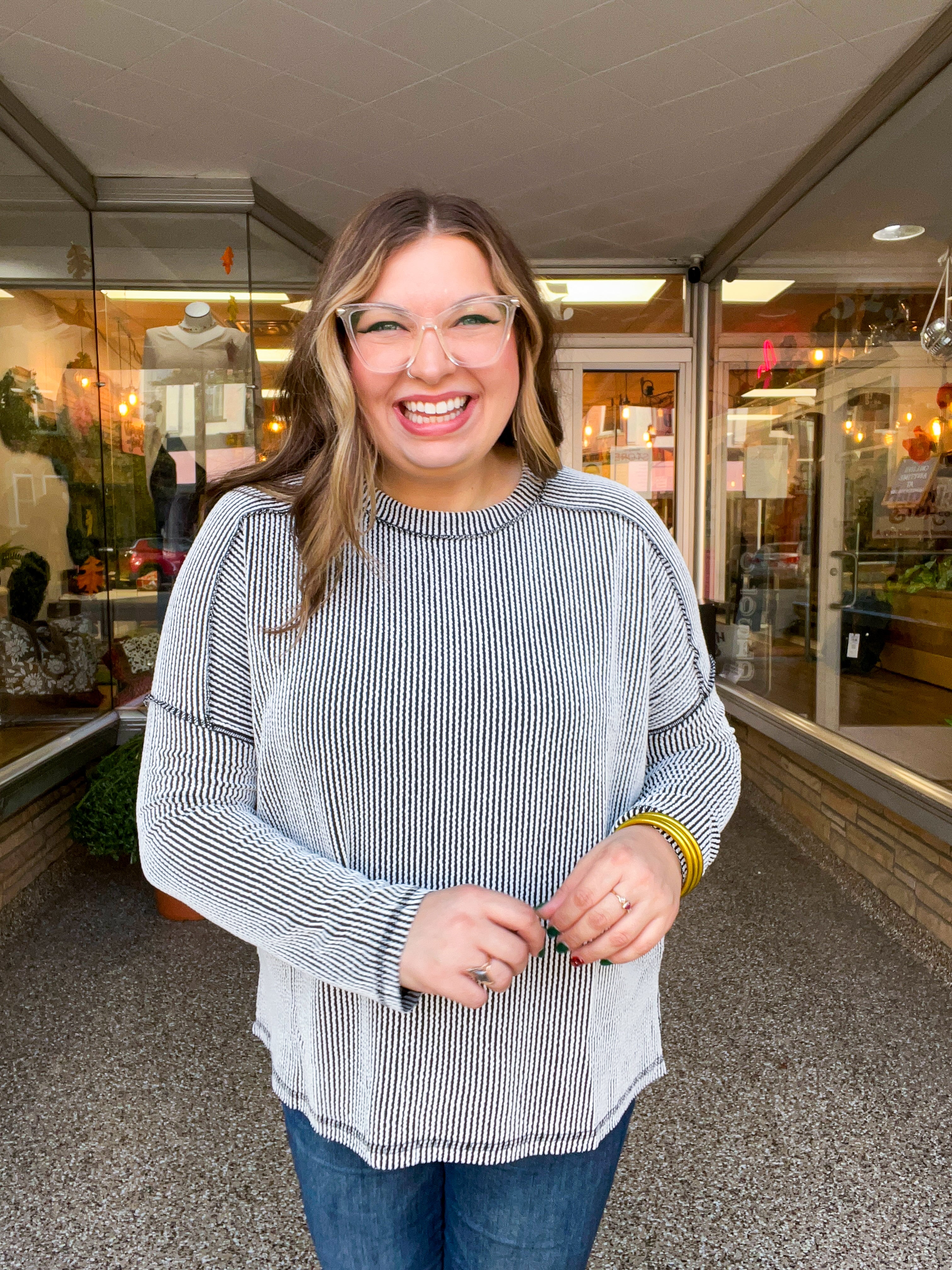 The Textured Take Raised Rib Long Sleeve Top in Black & White