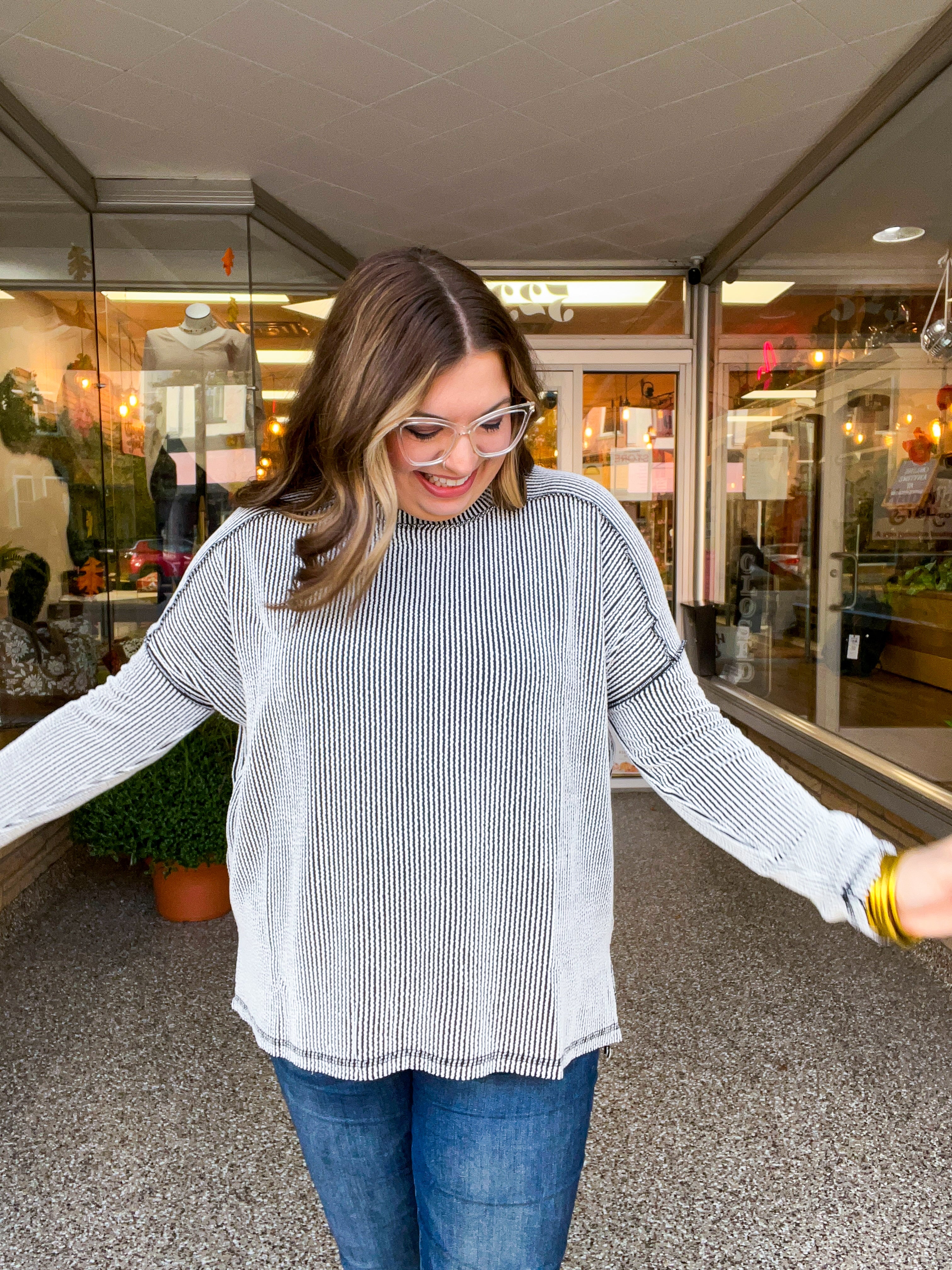 The Textured Take Raised Rib Long Sleeve Top in Black & White