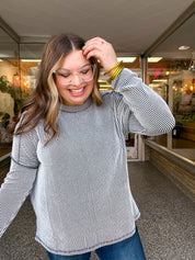 The Textured Take Raised Rib Long Sleeve Top in Black & White
