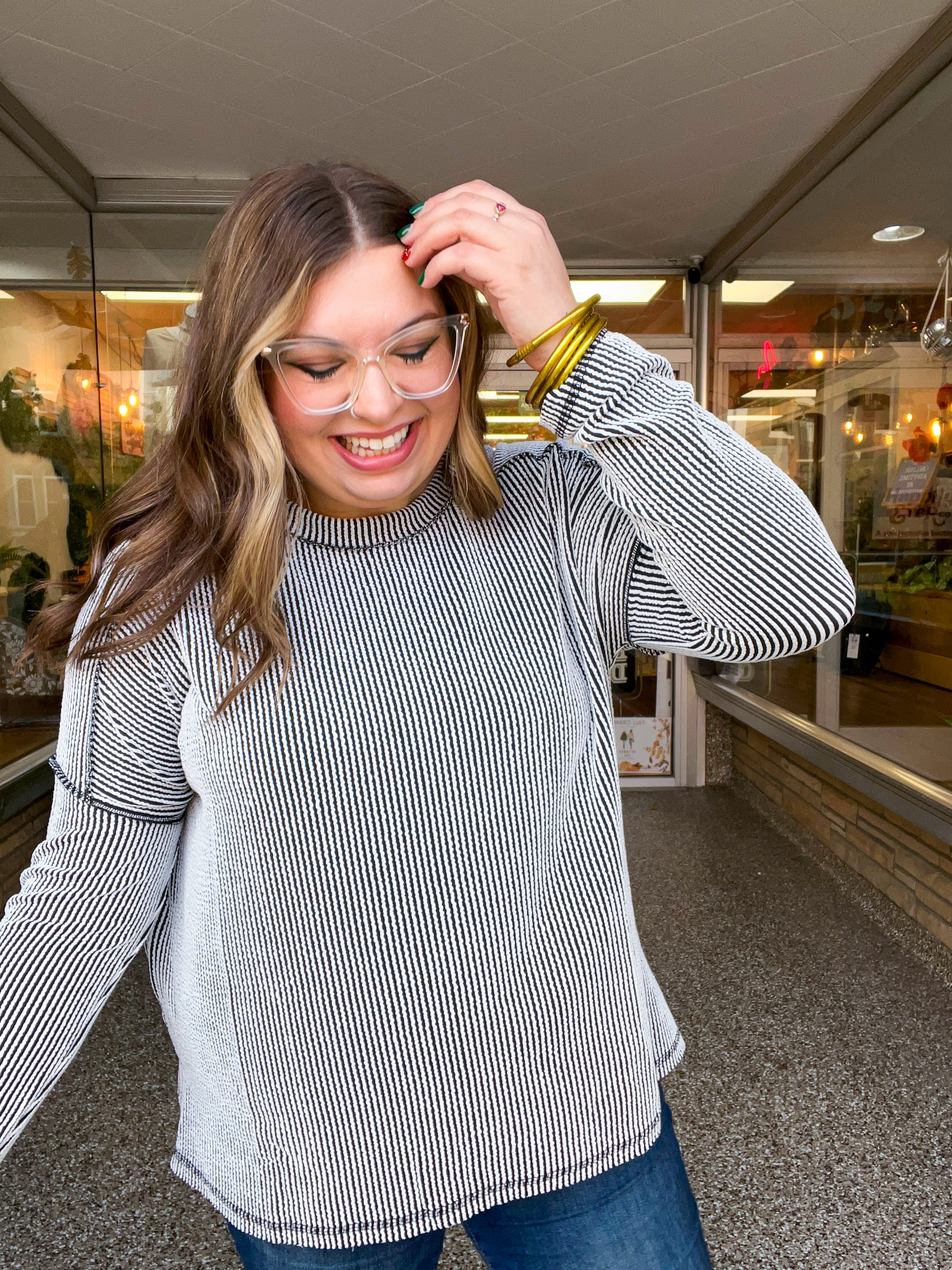 The Textured Take Raised Rib Long Sleeve Top in Black & White