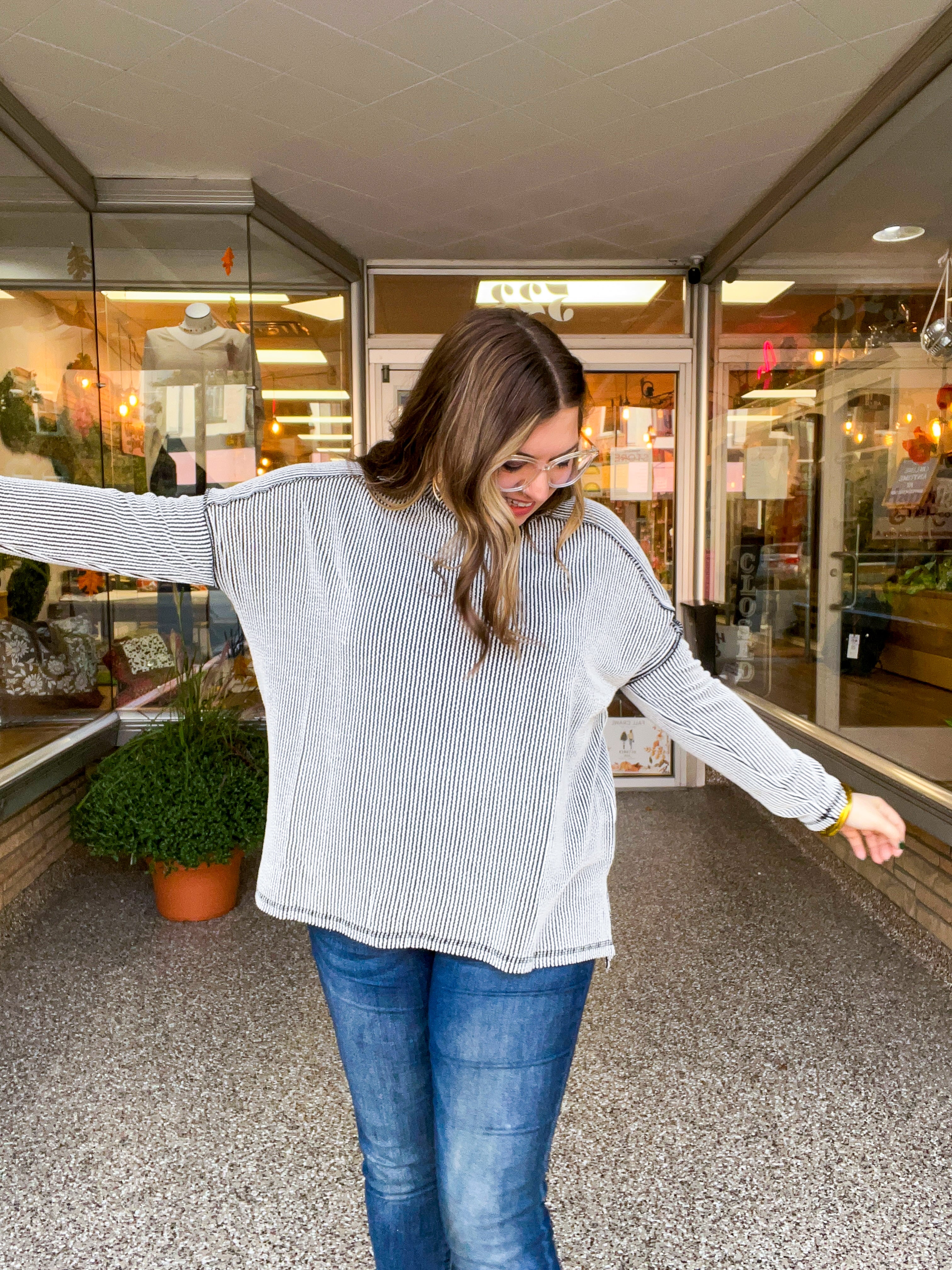 The Textured Take Raised Rib Long Sleeve Top in Black & White