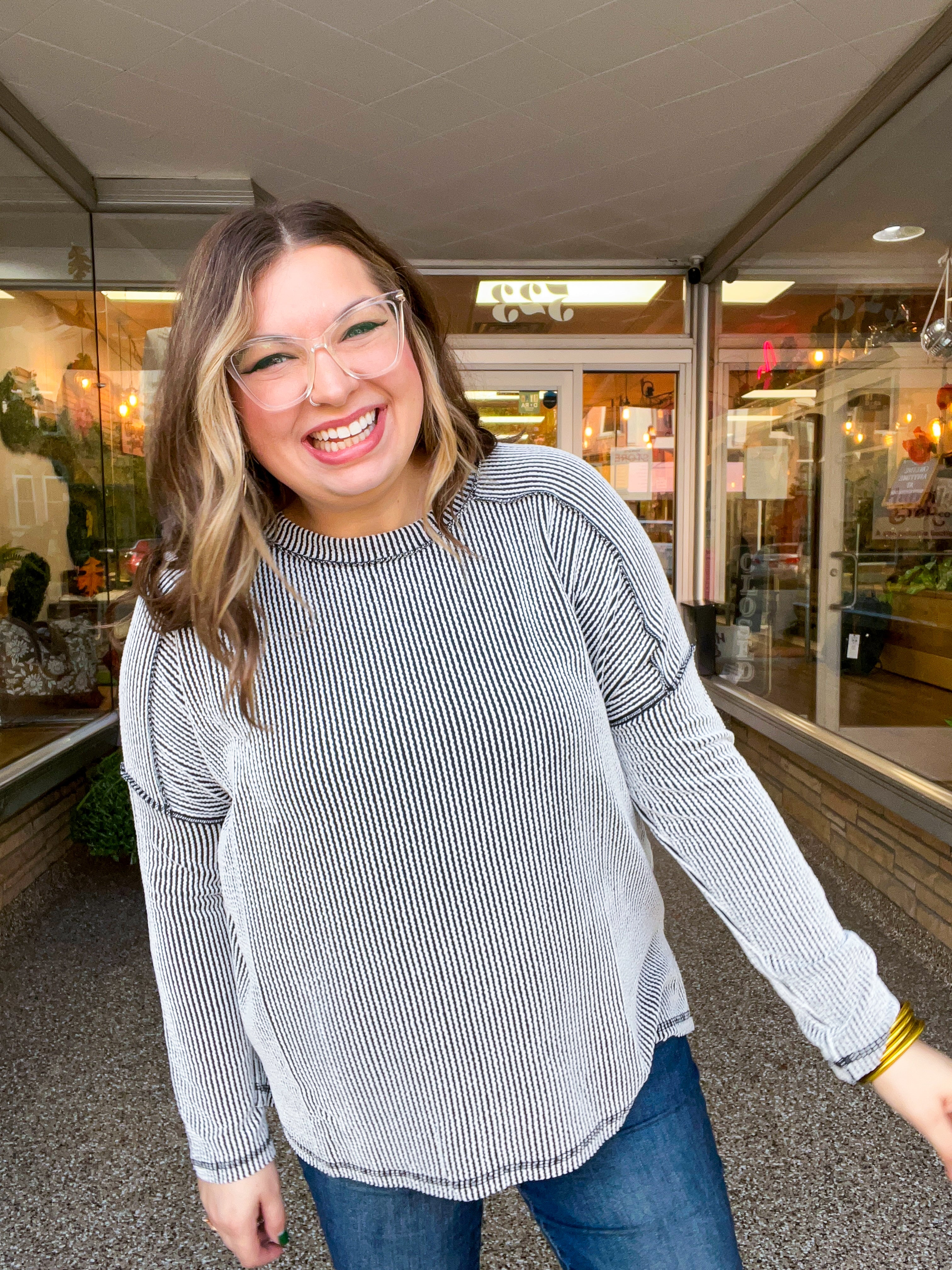 The Textured Take Raised Rib Long Sleeve Top in Black & White