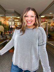 The Textured Take Raised Rib Long Sleeve Top in Black & White