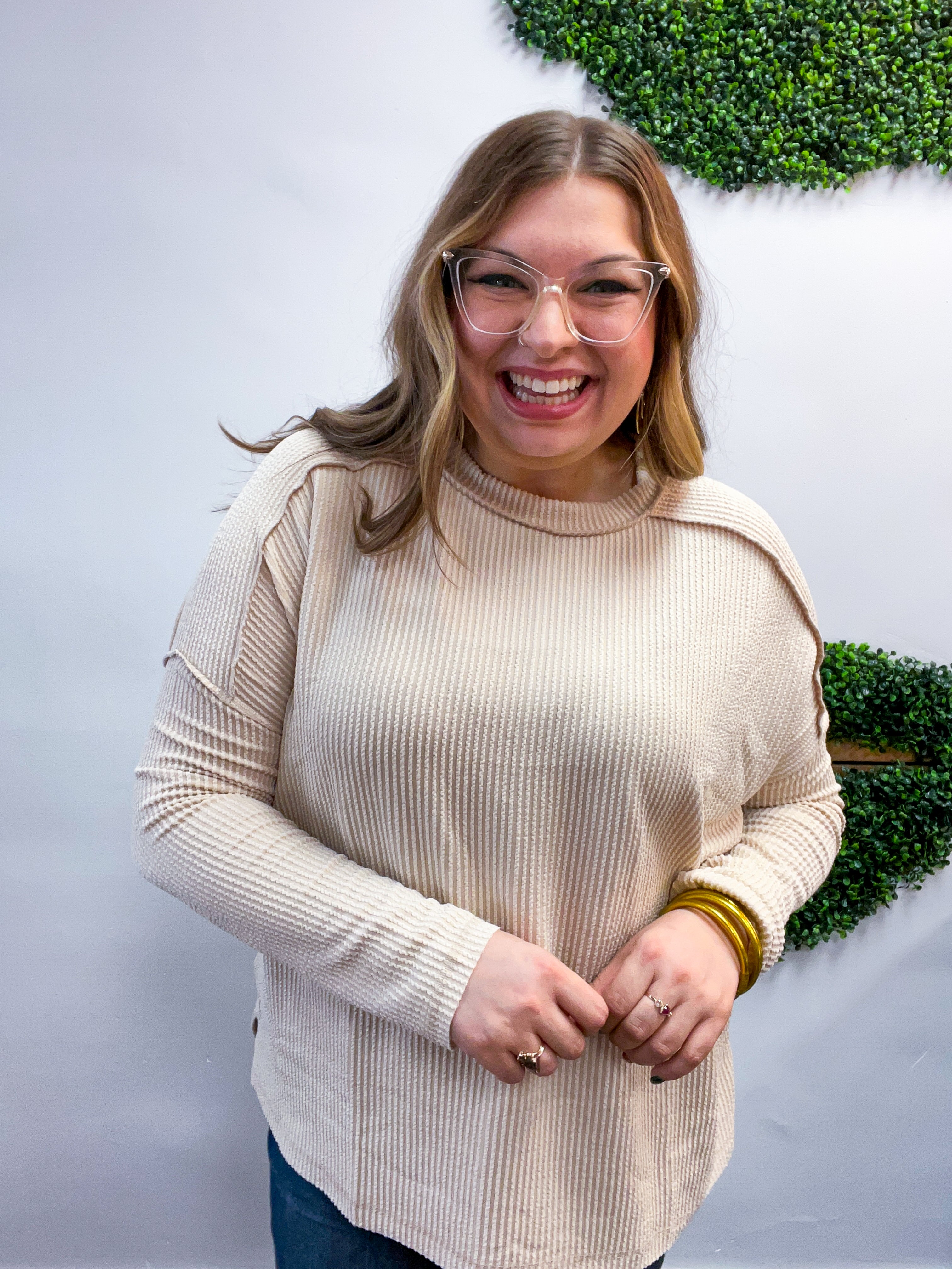 The Textured Take Raised Rib Long Sleeve Top in Sand Beige