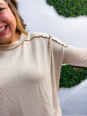 The Textured Take Raised Rib Long Sleeve Top in Sand Beige