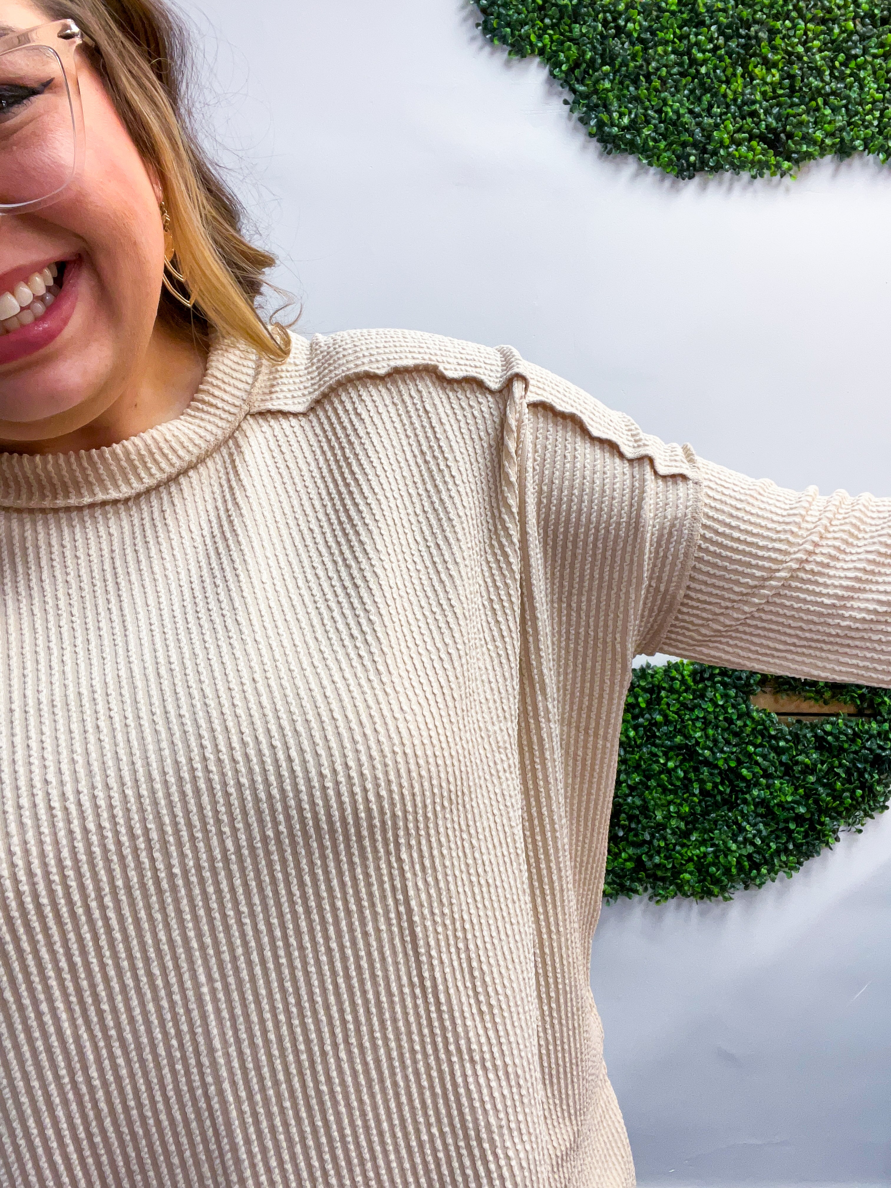 The Textured Take Raised Rib Long Sleeve Top in Sand Beige