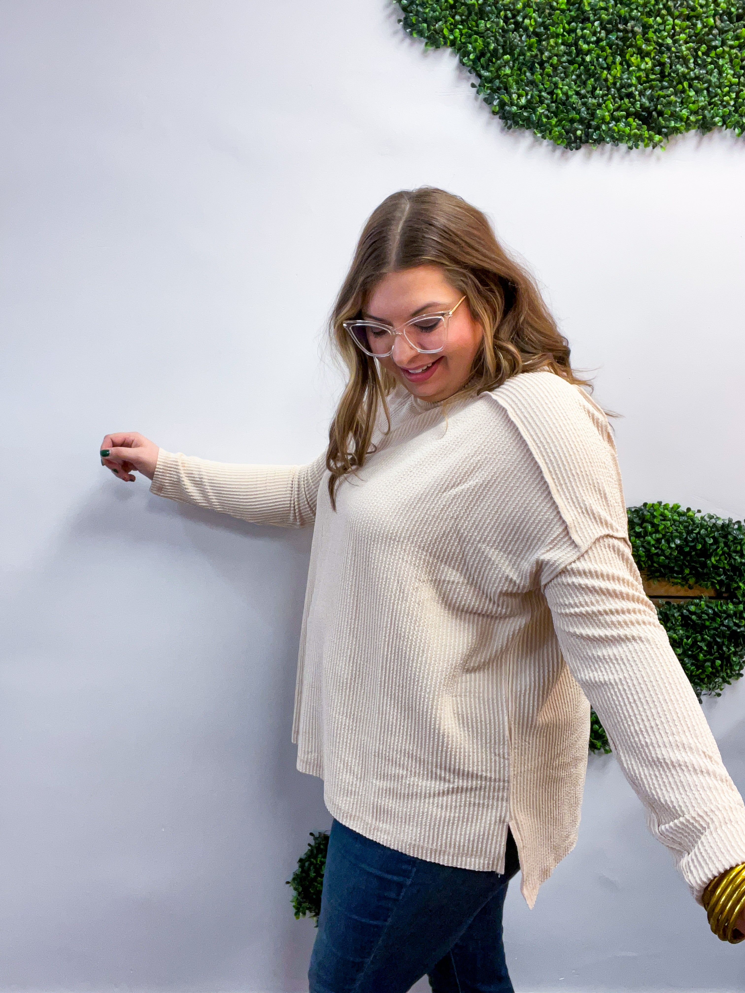 The Textured Take Raised Rib Long Sleeve Top in Sand Beige